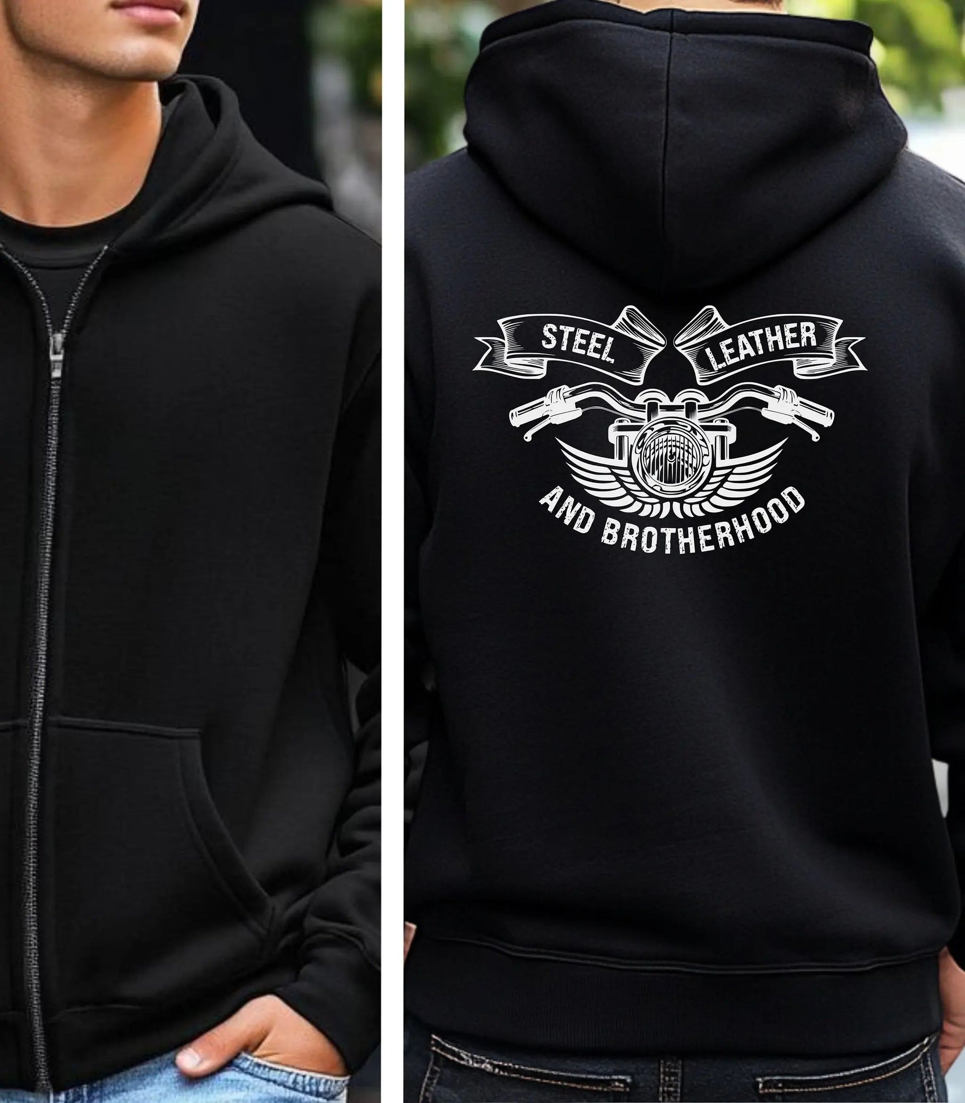Steel, Leather, and Brotherhood Hoodie, Biker Back Graphic Pullover Wildwood Mountain Coffee Co