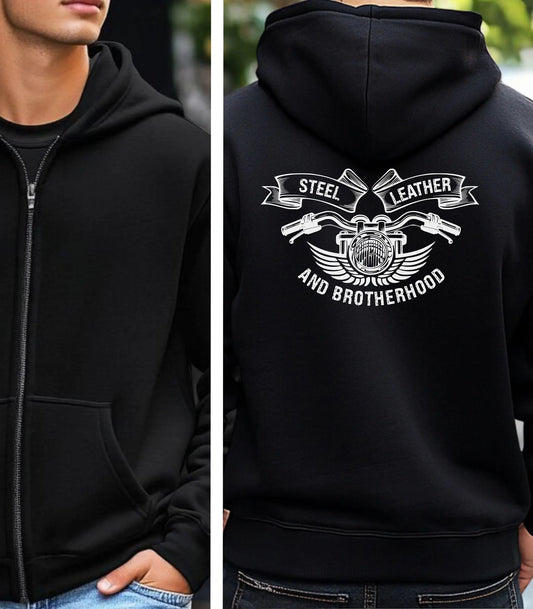 Steel, Leather, and Brotherhood Hoodie, Biker Back Graphic Pullover Wildwood Mountain Coffee Co