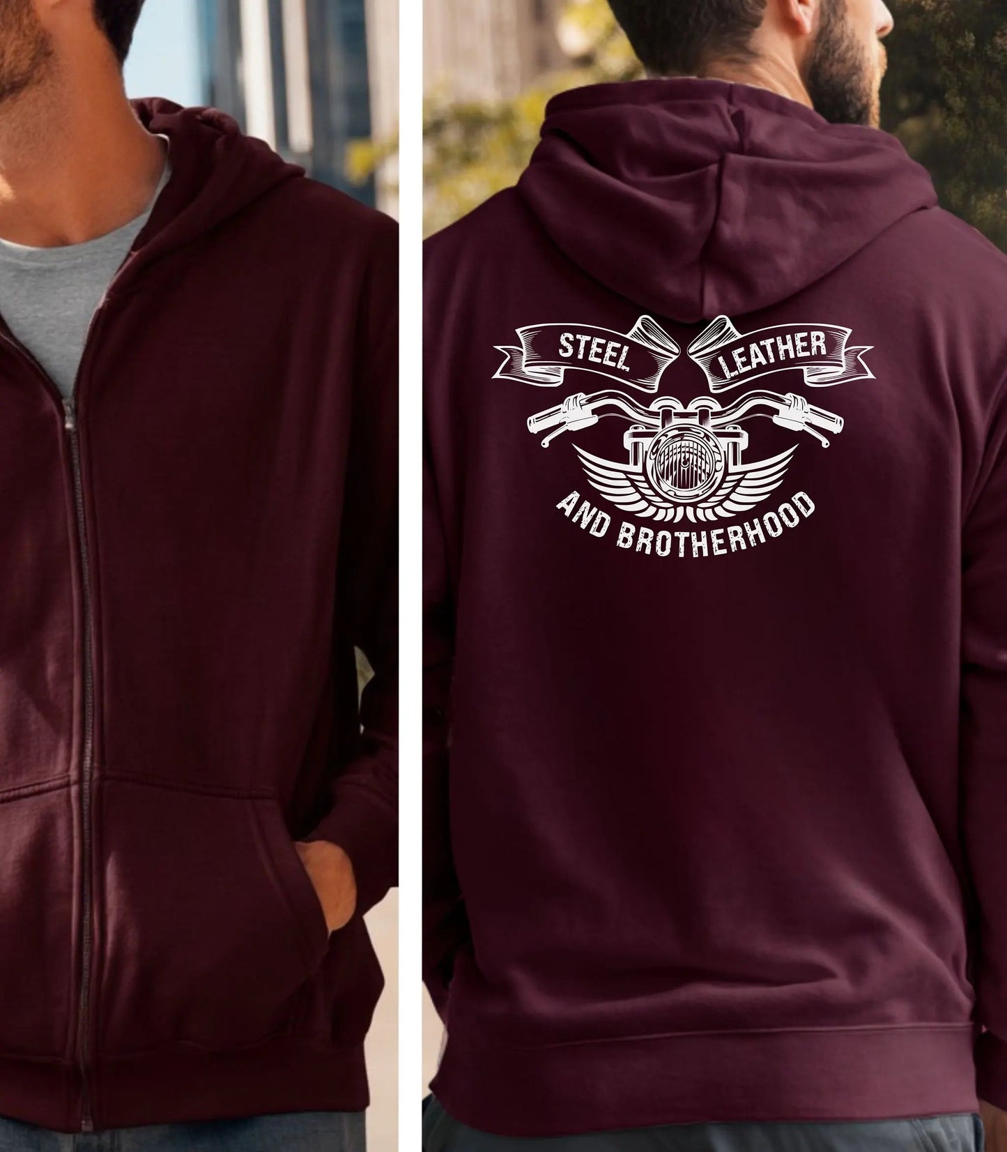 Steel, Leather, and Brotherhood Hoodie, Biker Back Graphic Pullover Wildwood Mountain Coffee Co