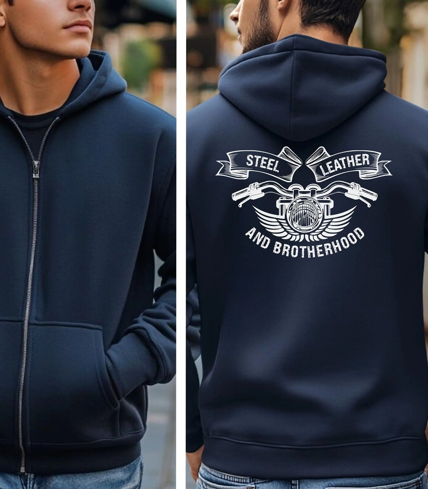 Steel, Leather, and Brotherhood Hoodie, Biker Back Graphic Pullover Wildwood Mountain Coffee Co