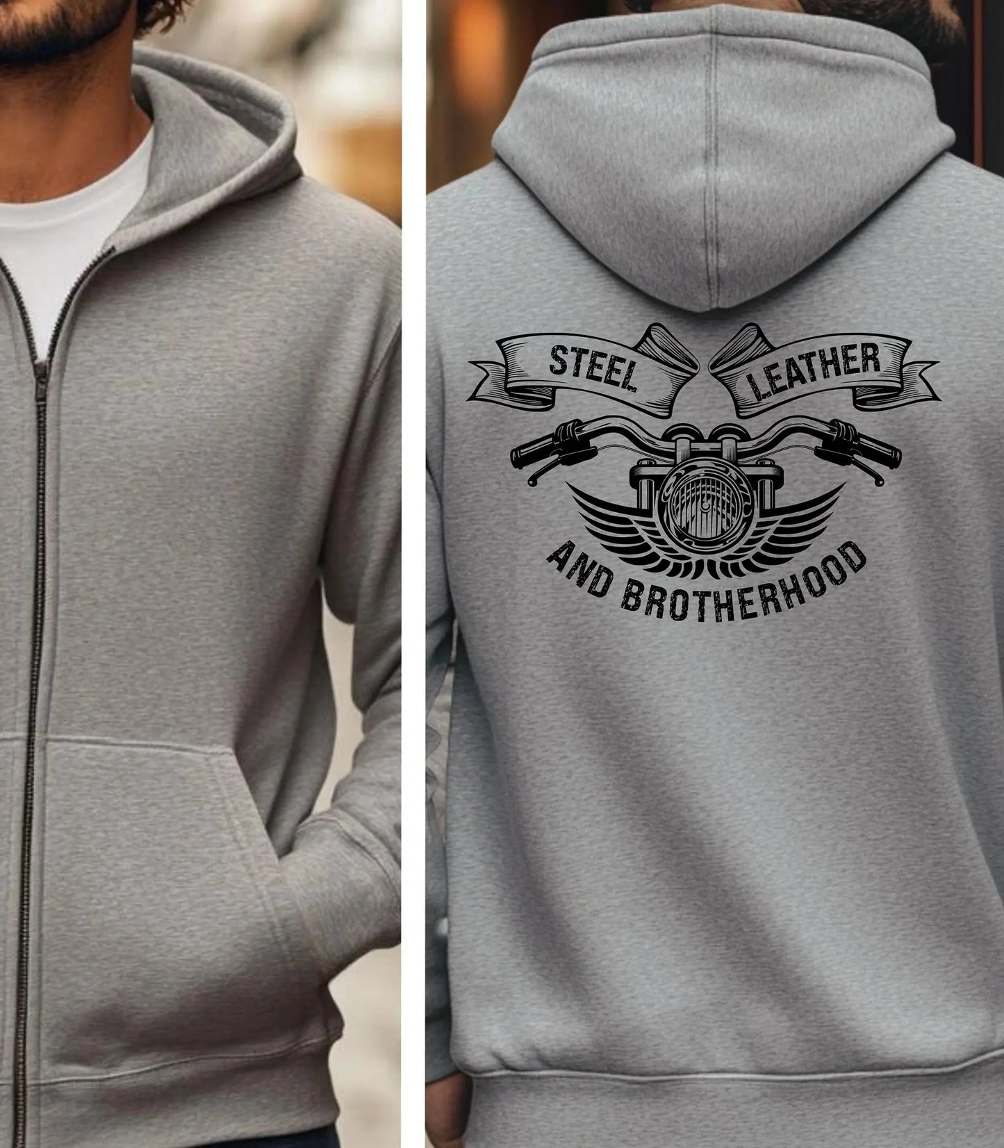 Steel, Leather, and Brotherhood Hoodie, Biker Back Graphic Pullover Wildwood Mountain Coffee Co