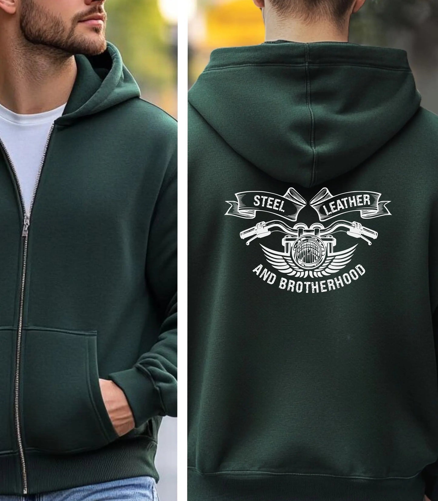 Steel, Leather, and Brotherhood Hoodie, Biker Back Graphic Pullover Wildwood Mountain Coffee Co