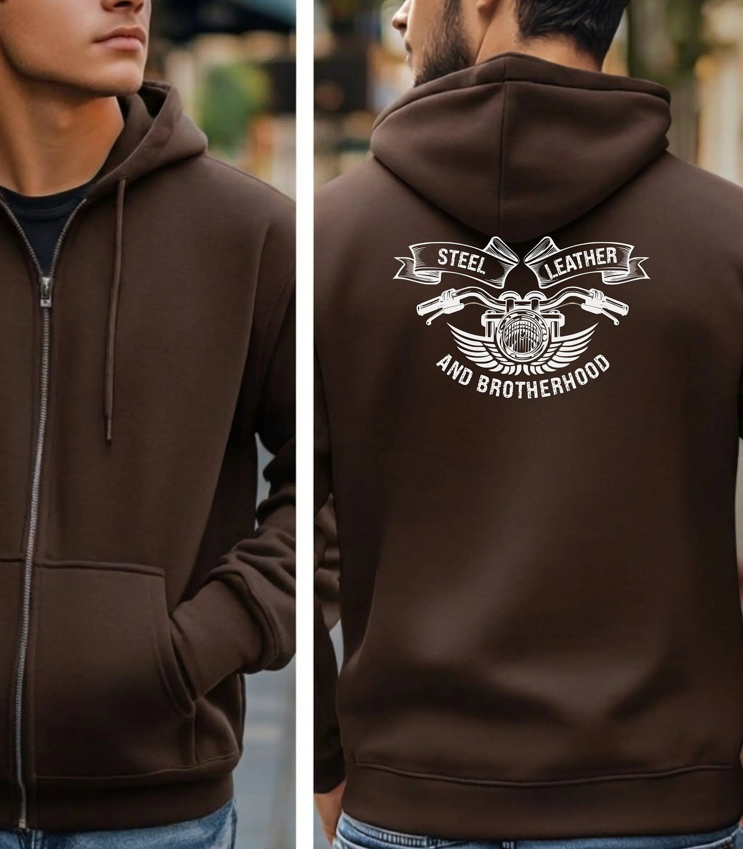 Steel, Leather, and Brotherhood Hoodie, Biker Back Graphic Pullover Wildwood Mountain Coffee Co