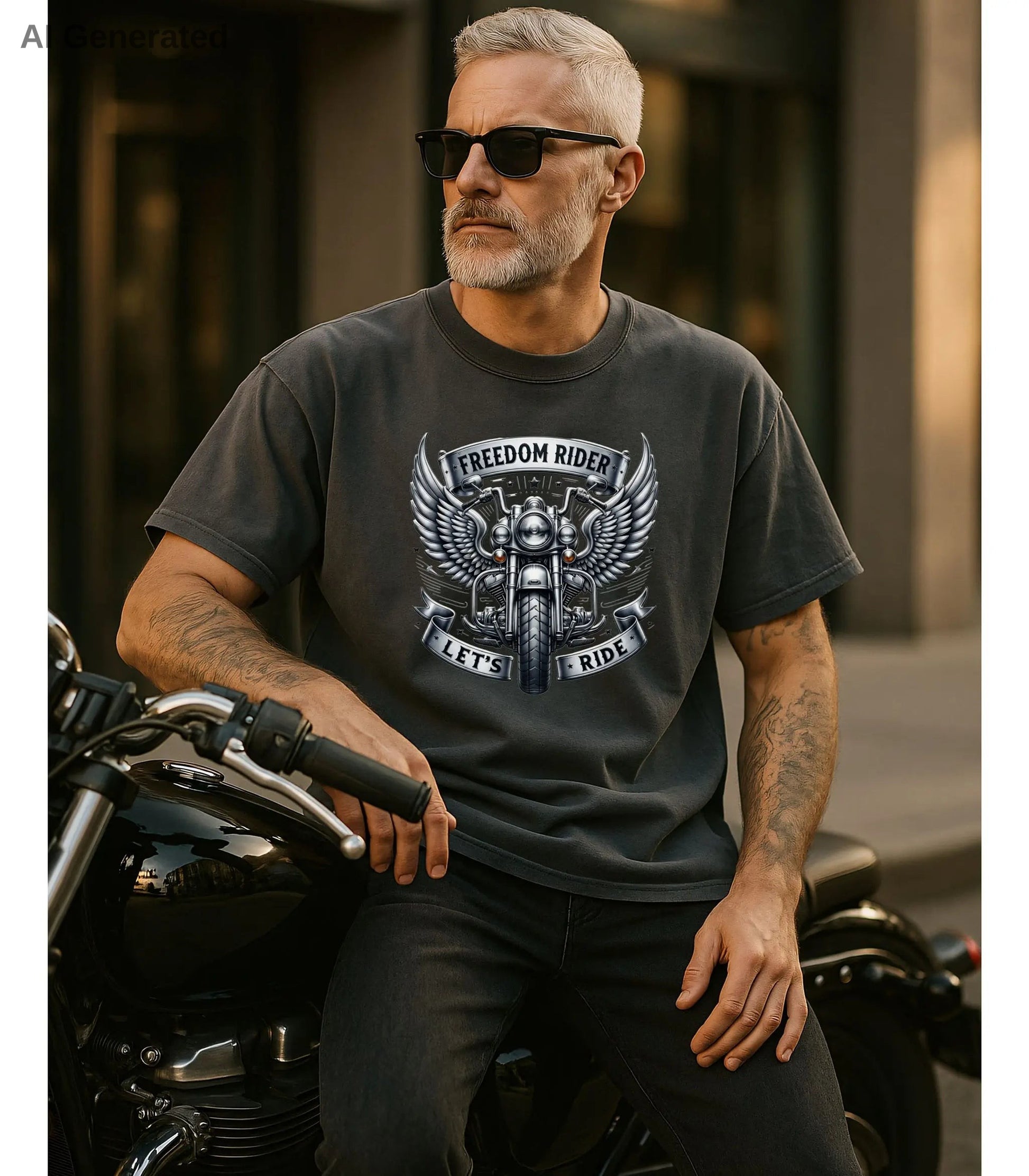 Man wearing a pepper 'Freedom Rider' t-shirt sitting on a motorcycle.
