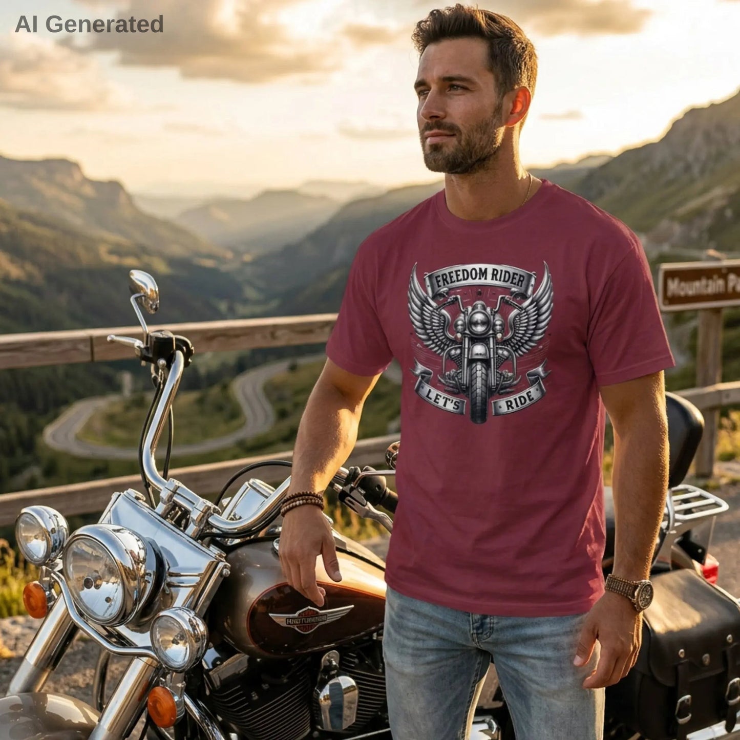 Man wearing a chili 'Freedom Rider' t-shirt standing next to a motorcycle with a scenic mountain backdrop.
