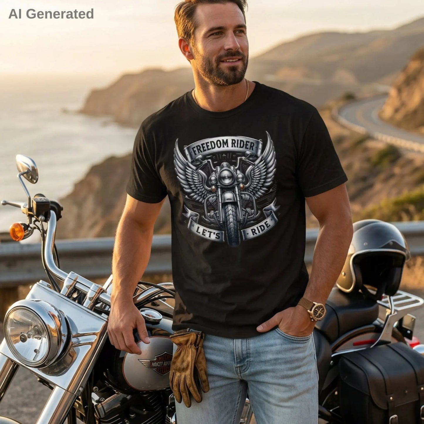Man wearing a black 'Freedom Rider' t-shirt standing next to a motorcycle with a scenic background.