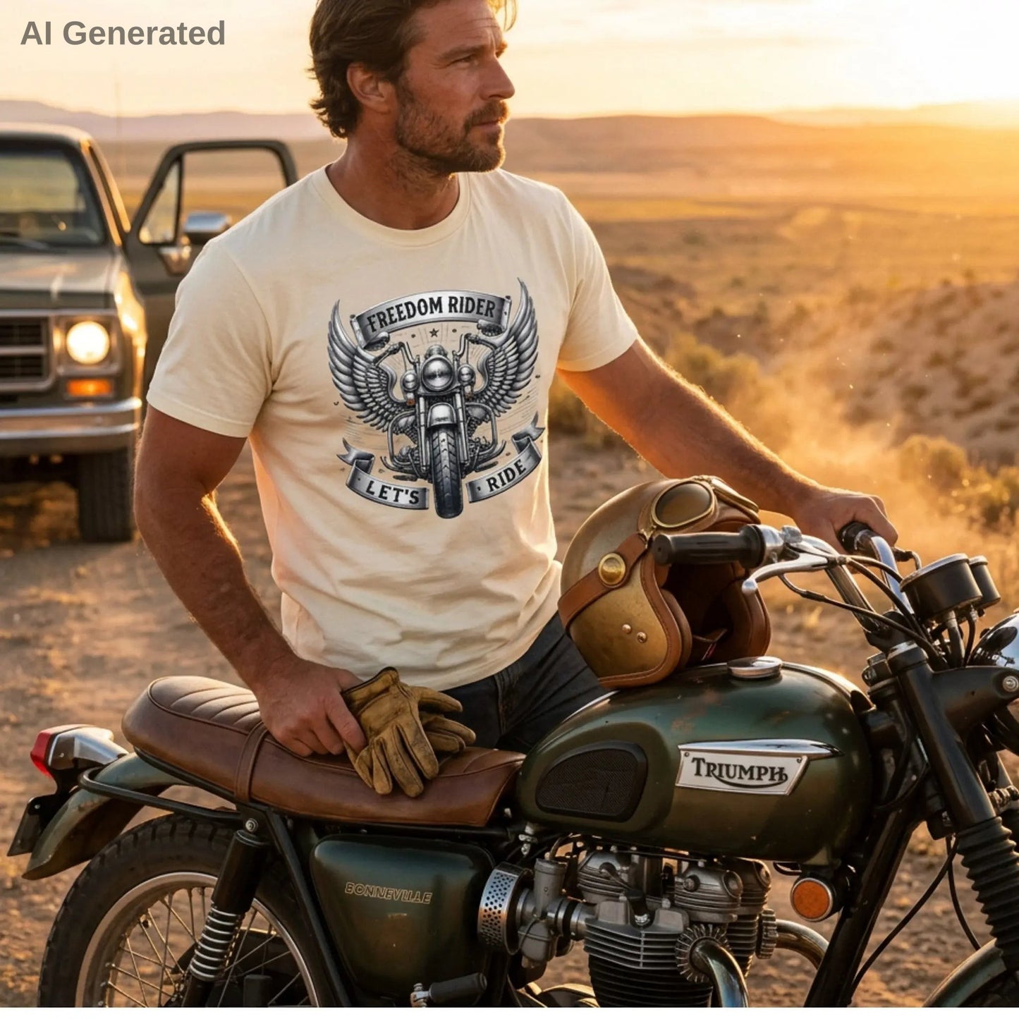 Man wearing a ivory Freedom Rider t-shirt standing next to a Triumph motorcycle in a desert setting with a sunset.