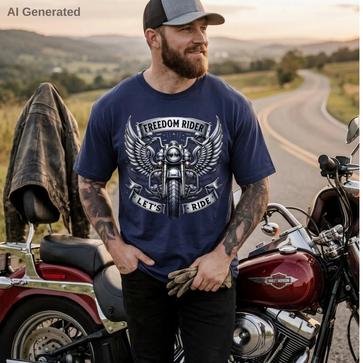 Man wearing a true navy 'Freedom Rider' t-shirt standing next to a motorcycle on a scenic road.