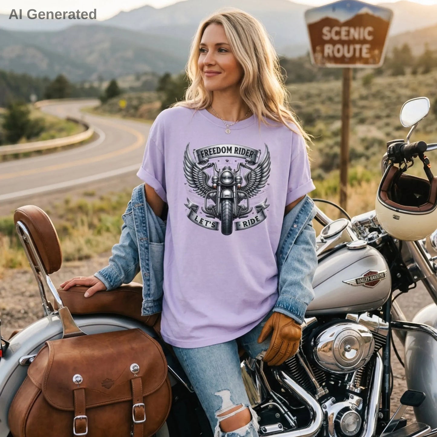 Woman wearing a orchid 'Freedom Rider' t-shirt sitting on a motorcycle with a scenic route sign in the background.