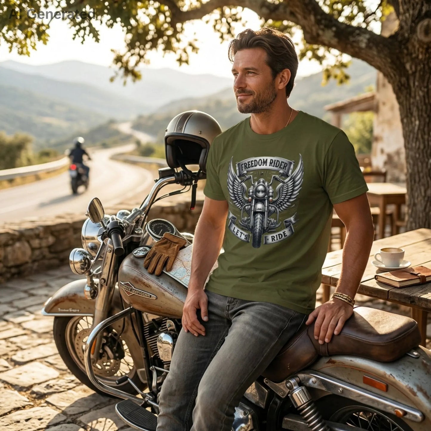Man wearing a hemp Freedom Rider t-shirt sitting on a motorcycle with a graphic design, surrounded by a scenic mountain landscape.