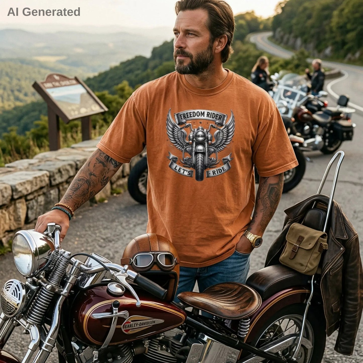 Man wearing a yam 'Freedom Rider' t-shirt standing next to a motorcycle with scenic background