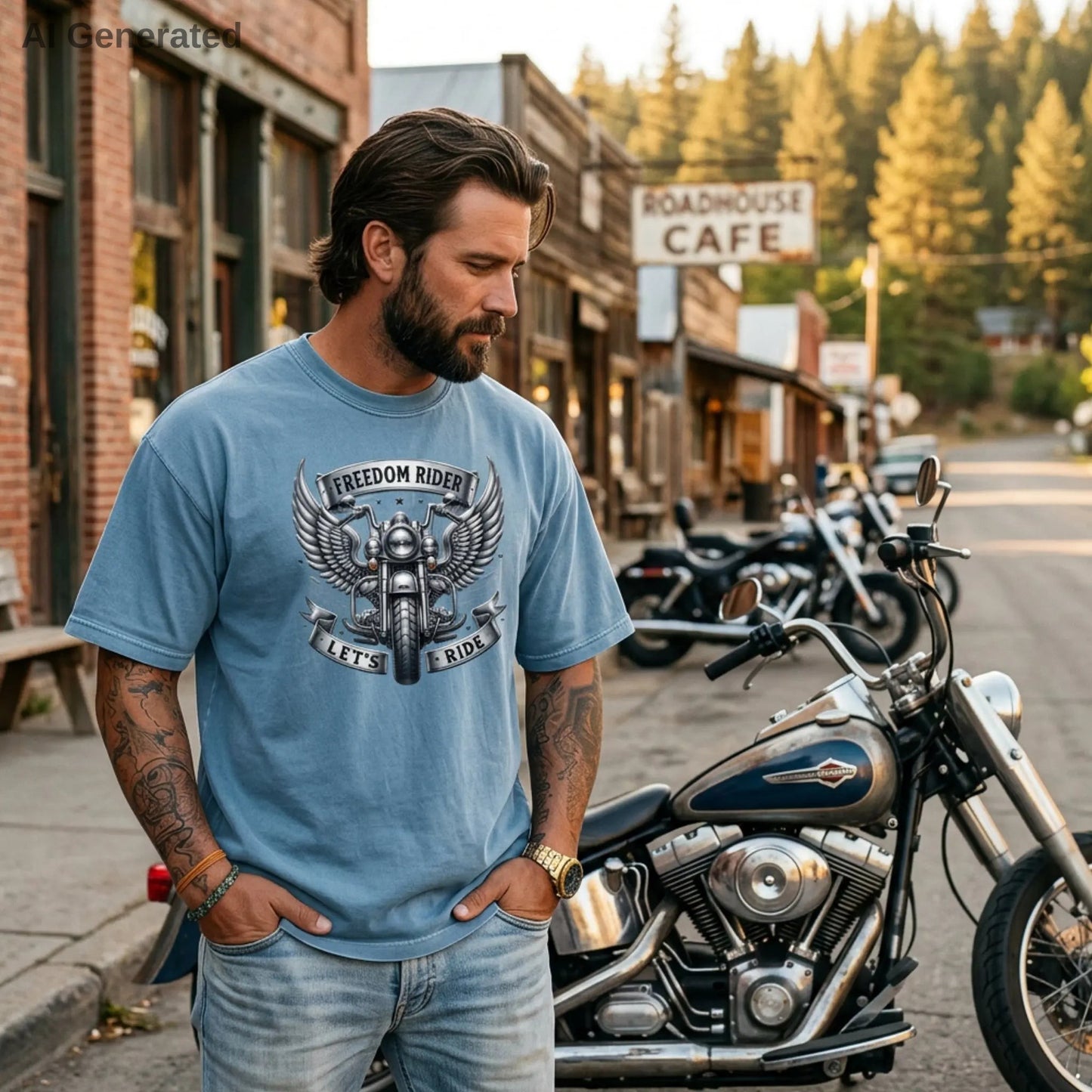 Man wearing a washed denim t-shirt with a motorcycle graphic standing next to a motorcycle in a rustic town setting.