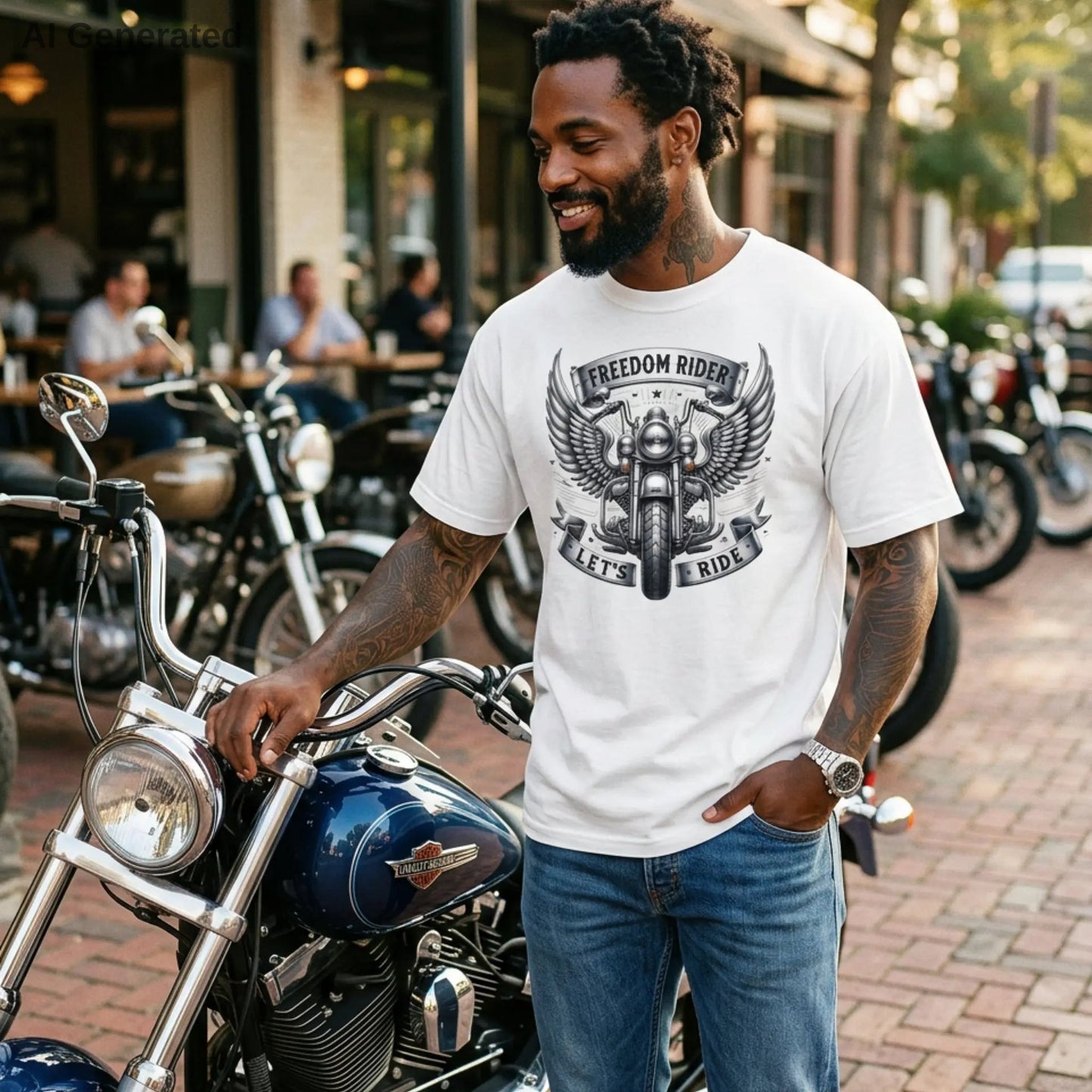 Man wearing a white 'Freedom Rider' t-shirt standing next to a motorcycle on a street.
