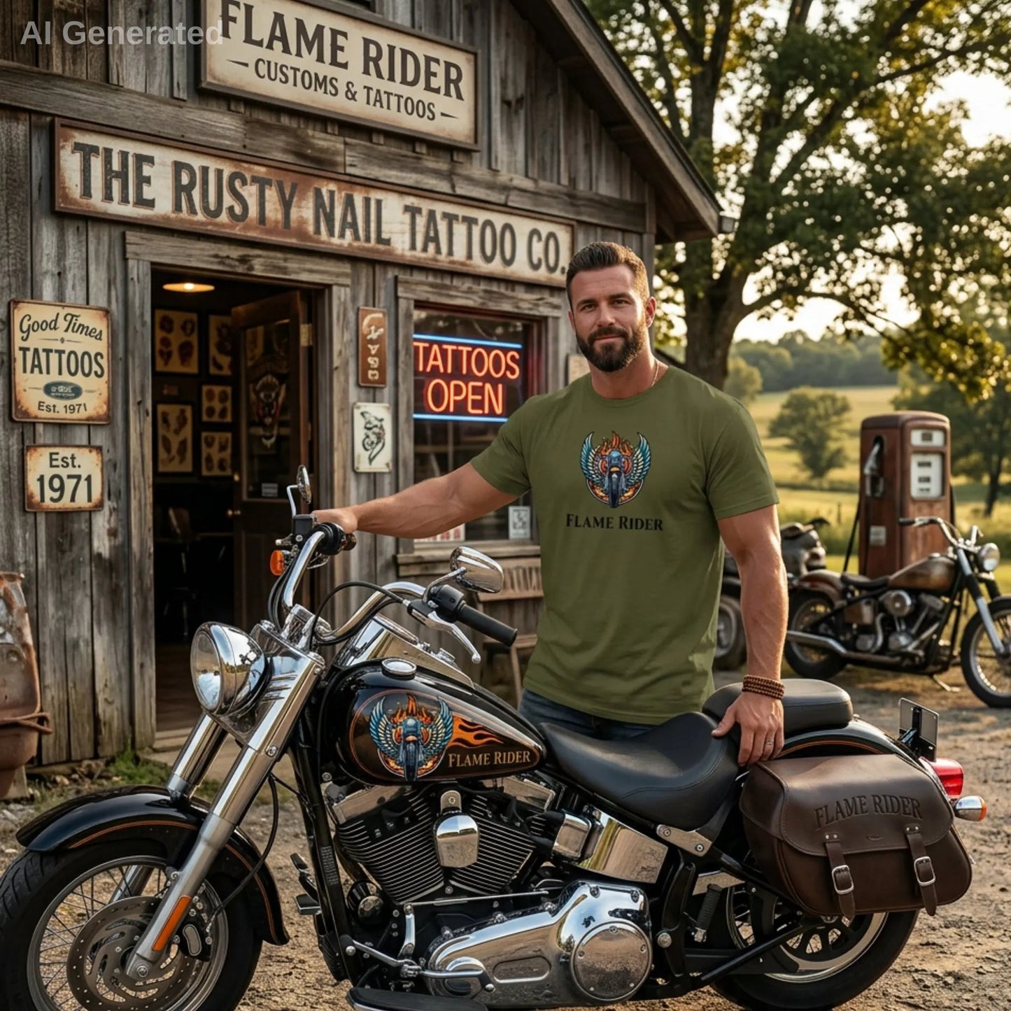Man in a hemp Flam Rider t-shirt standing next to a motorcycle in front of a tattoo shop.