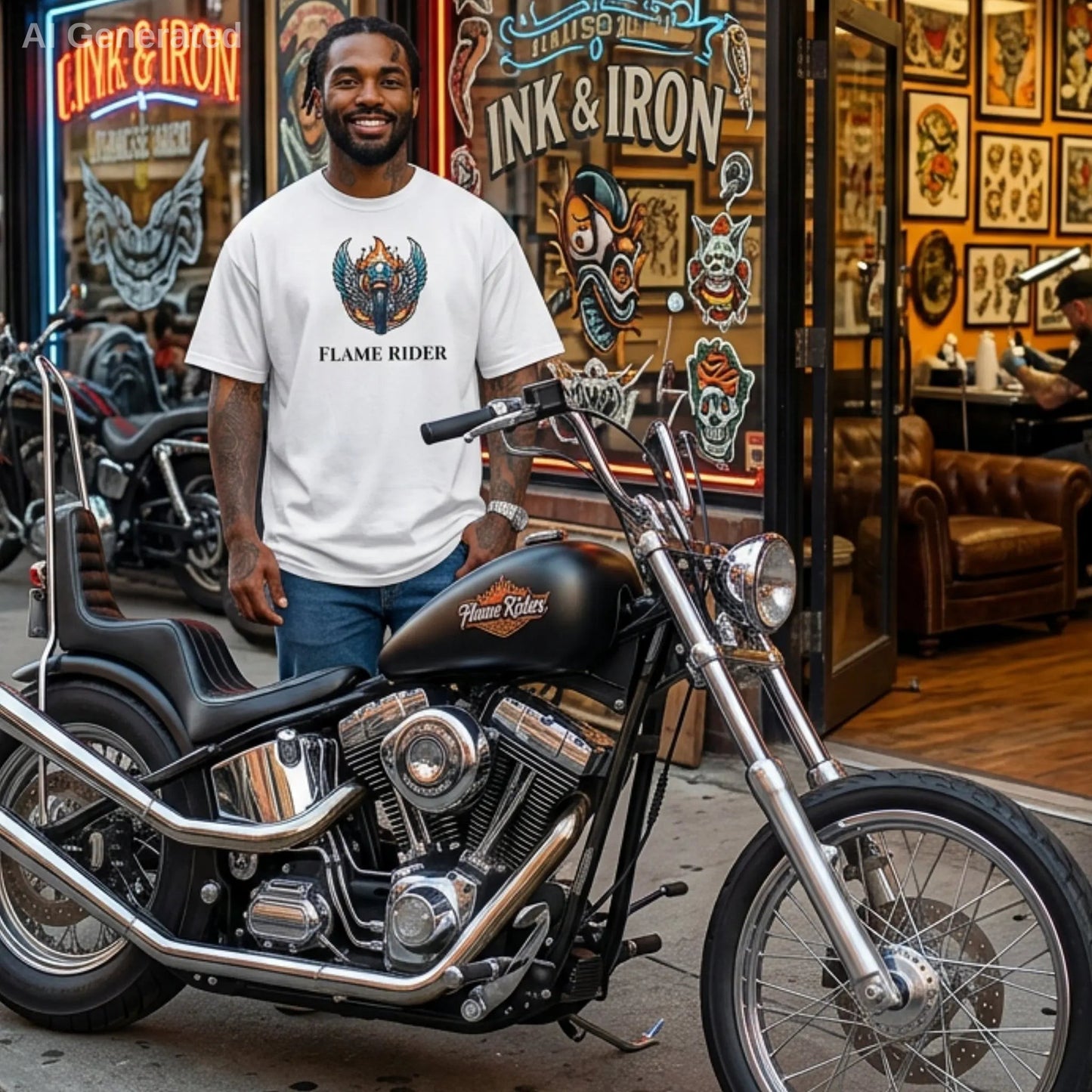 Man wearing a white Flam Rider t-shirt standing next to a motorcycle in a tattoo parlor with 'Ink & Iron' sign.