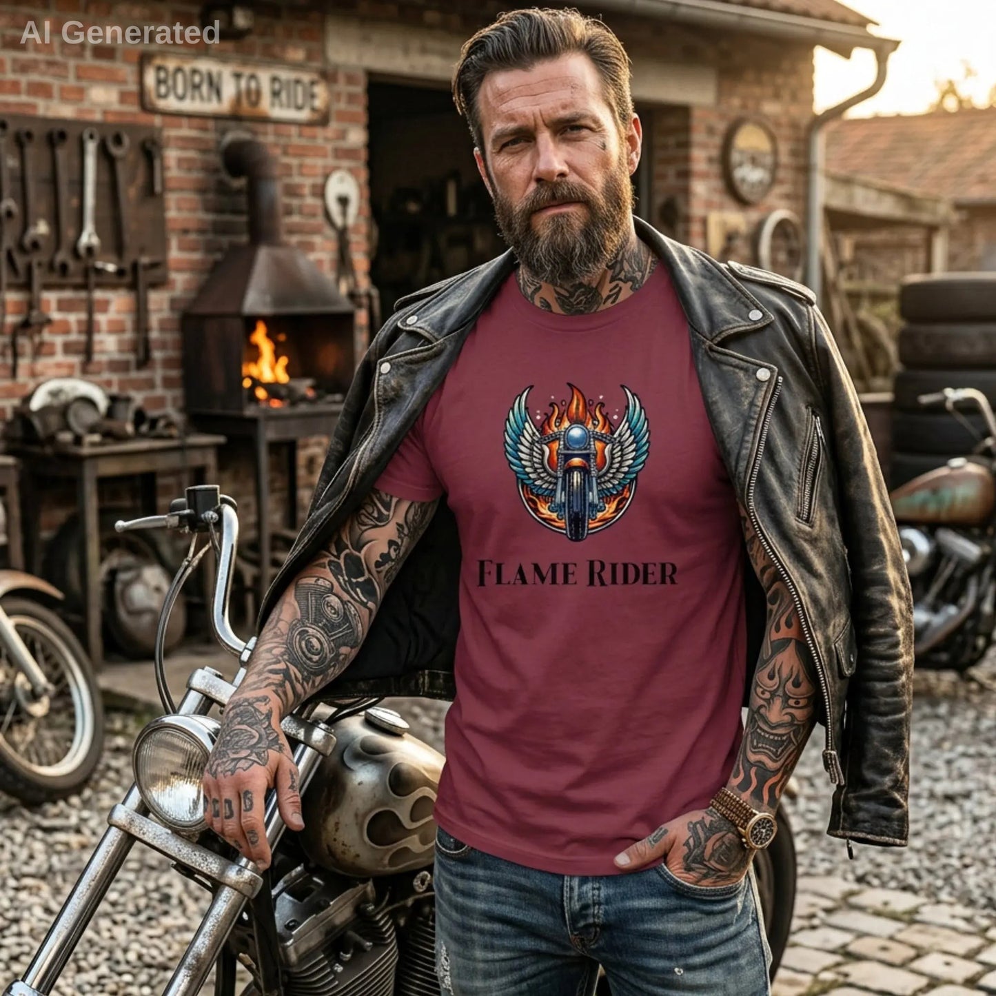 Man wearing a chili 'Flame Rider' t-shirt standing next to a motorcycle in a rustic setting.