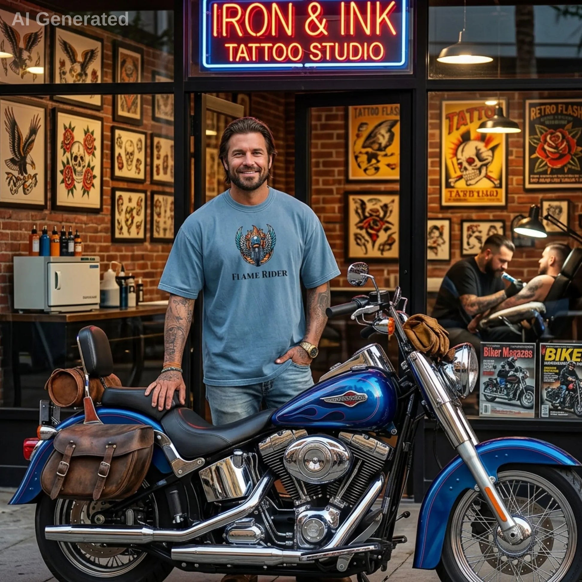Man standing next to a blue motorcycle in front of an Iron & Ink Tattoo Studio with washed denium Flam Rider T-shirt on. 