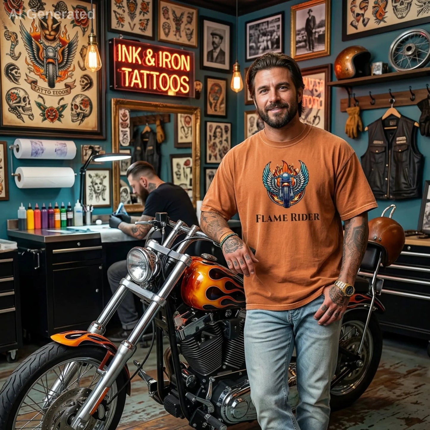 Man wearing a yam Flam Rider t-shirt standing next to a motorcycle in a tattoo parlor with tattoos and neon signs on the walls.