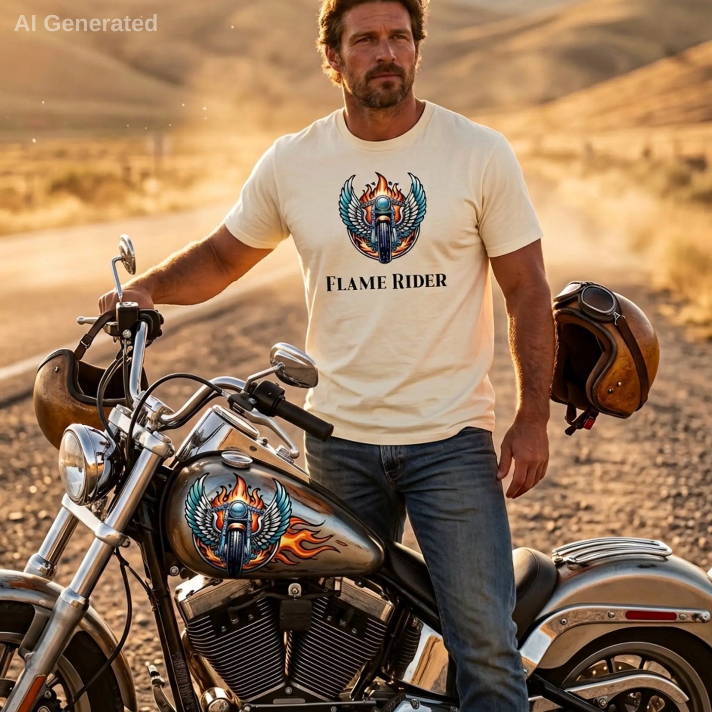 Man wearing a ivory 'Flame Rider' t-shirt standing next to a motorcycle in a desert setting.