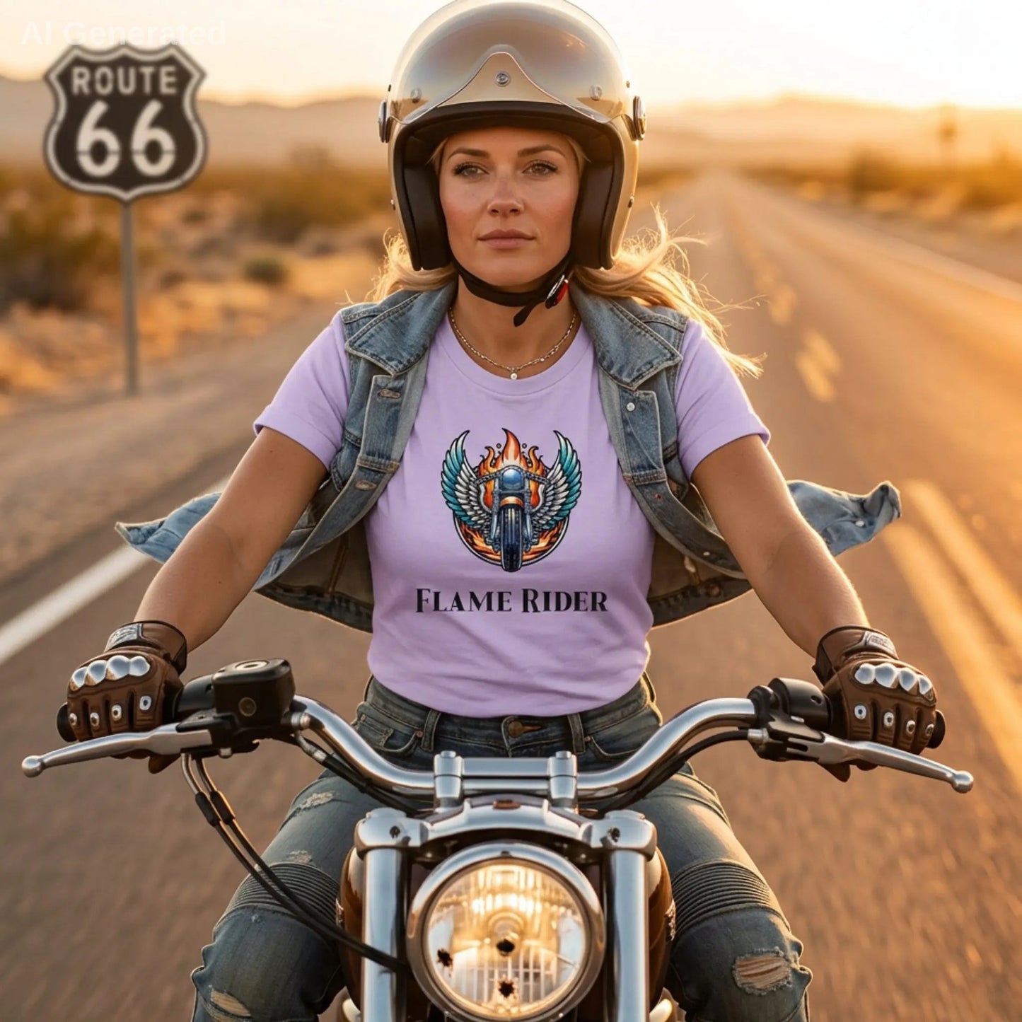 Woman riding a motorcycle on Route 66 with a orchid 'Flame Rider' t-shirt and helmet.