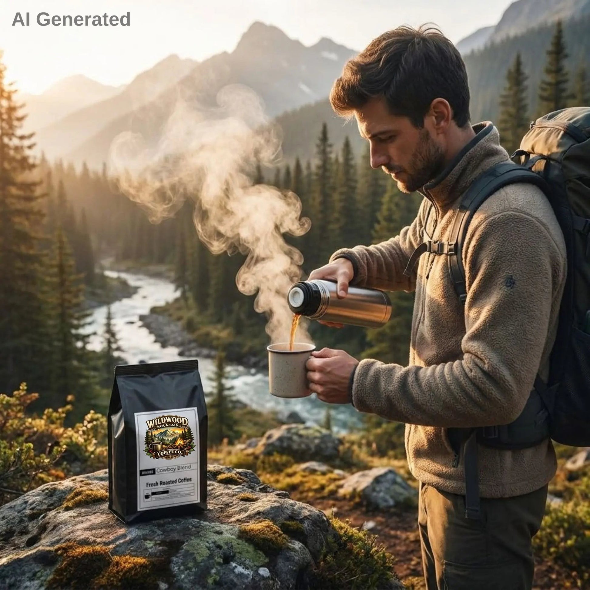 Bag of Wildwood Coffee Co cowboy blend coffee sitting on a rock, with a hiker pouring a steaming cup of coffee from a thermos.