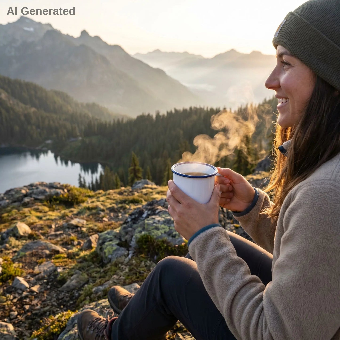 Person sitting on a mountain top holding a mug with a scenic view of a lake and mountains.