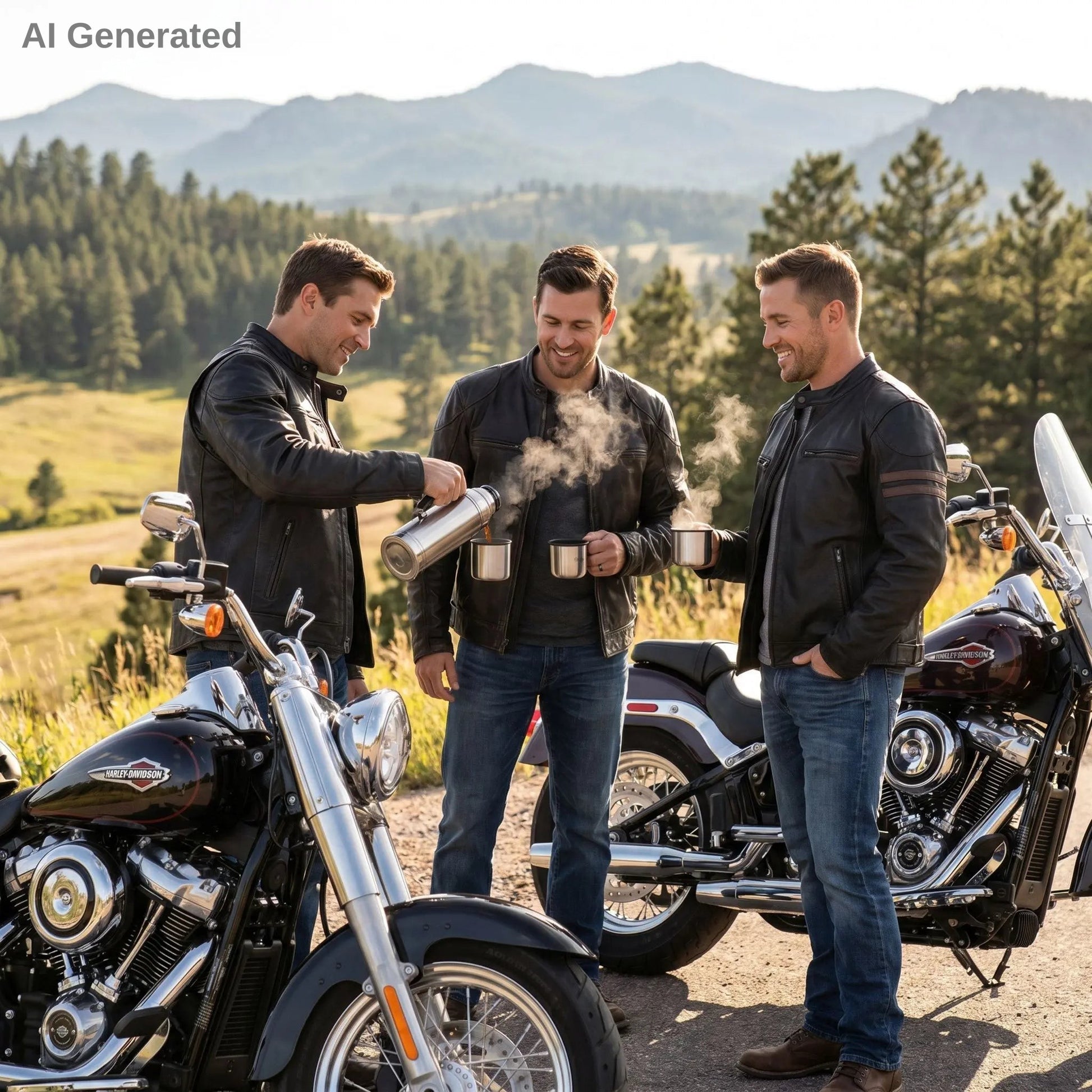 Three men standing next to motorcycles in a scenic outdoor setting with mountains and trees.