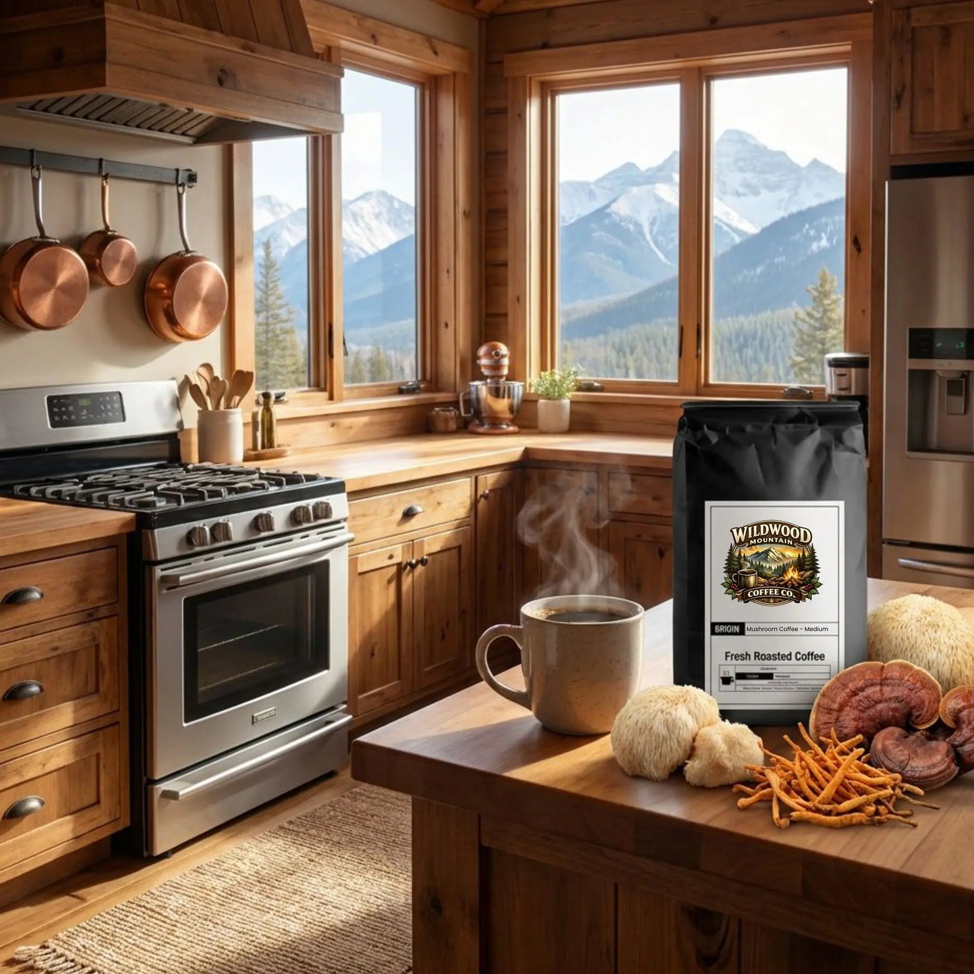 Mountain Cabin Kitchen with wooden cabinets, stove, and coffee setup with a view of mountains.  Mushrooms on the countertop next to the coffee bag.