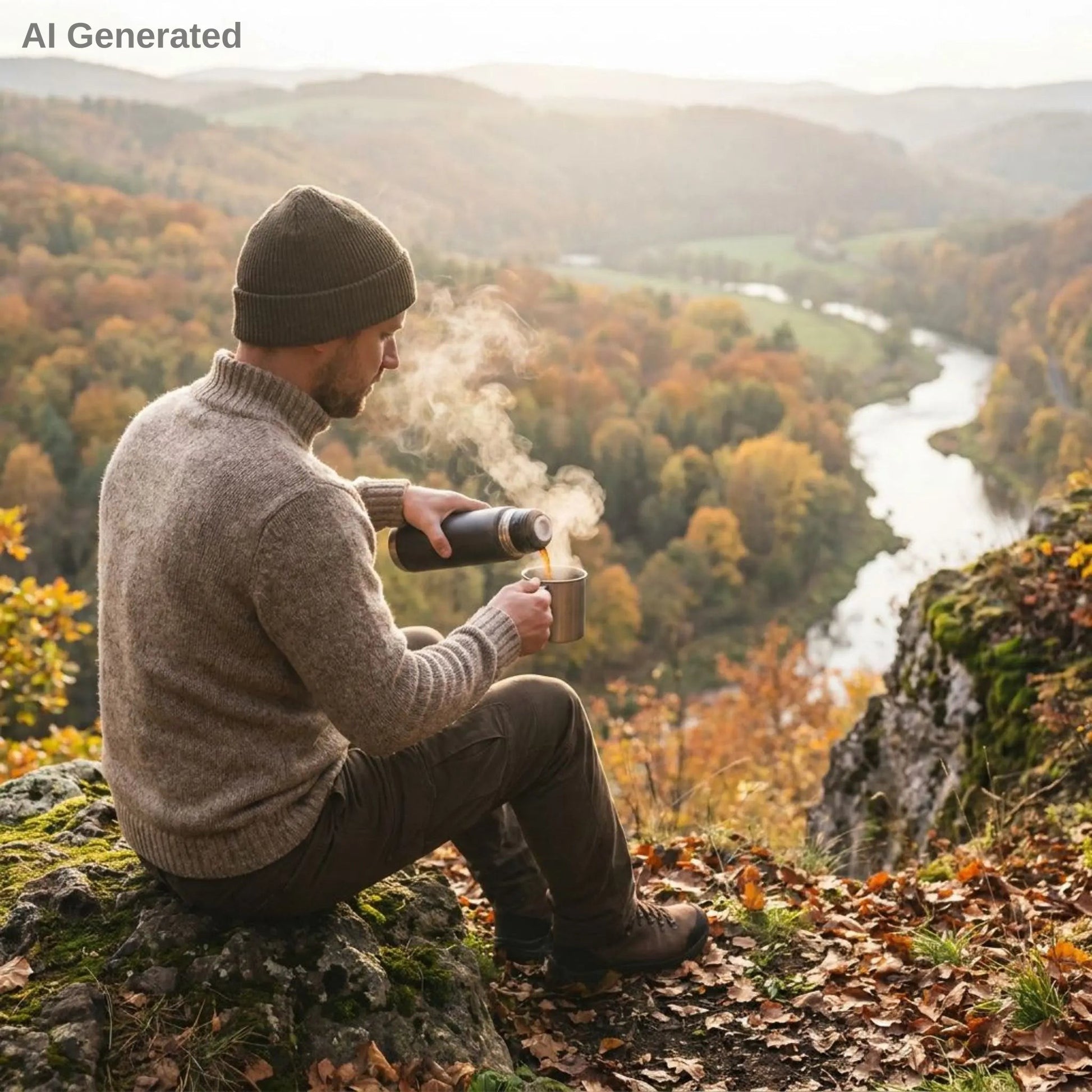 A hiker pouring steaming, hot pumpkin spice coffee from a thermos overlooking a fall scenery.