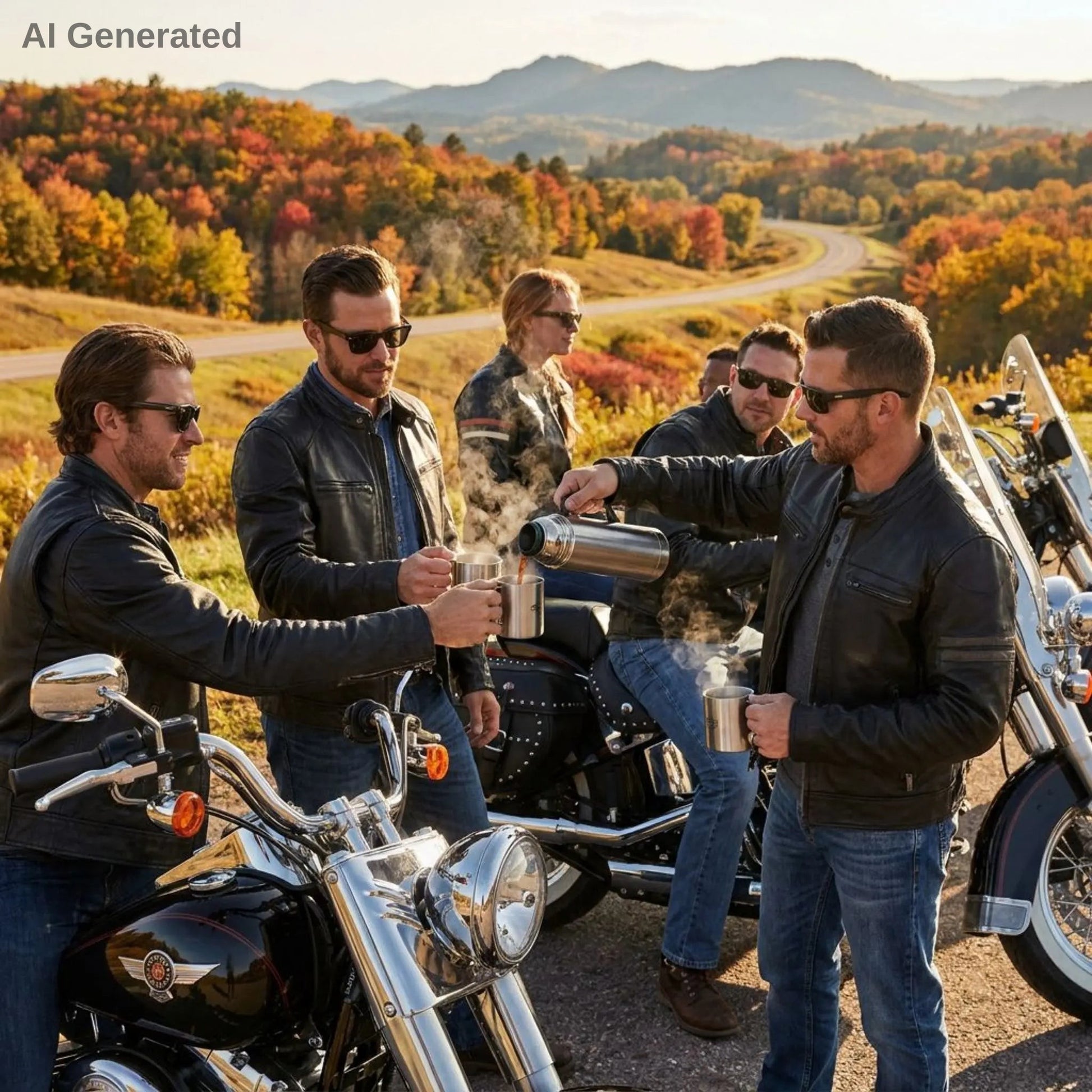 Group of men and women on motorcycles in a scenic autumn setting, enjoying a drink of hot pumpkin spice coffee.
