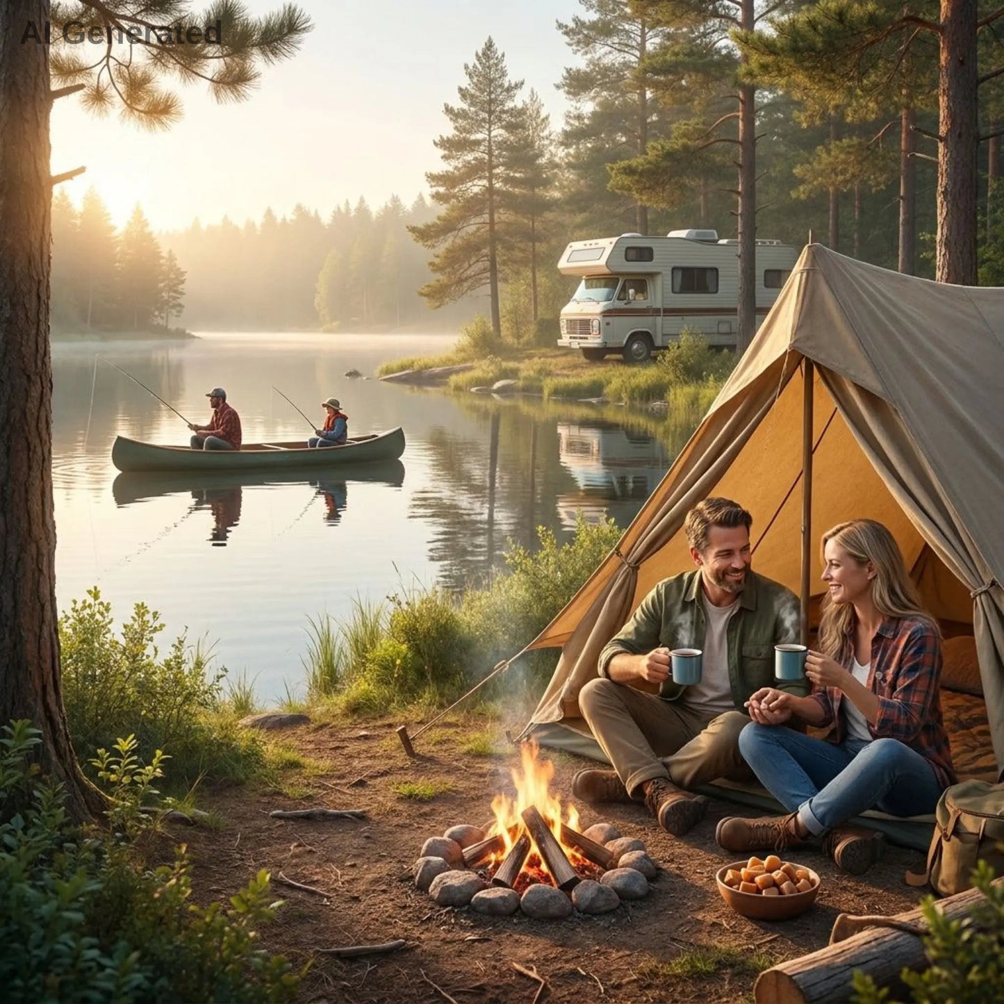 Two people by a campfire near a lake with a tent, fisherman and woman on the lake in a boat, and RV in the background.