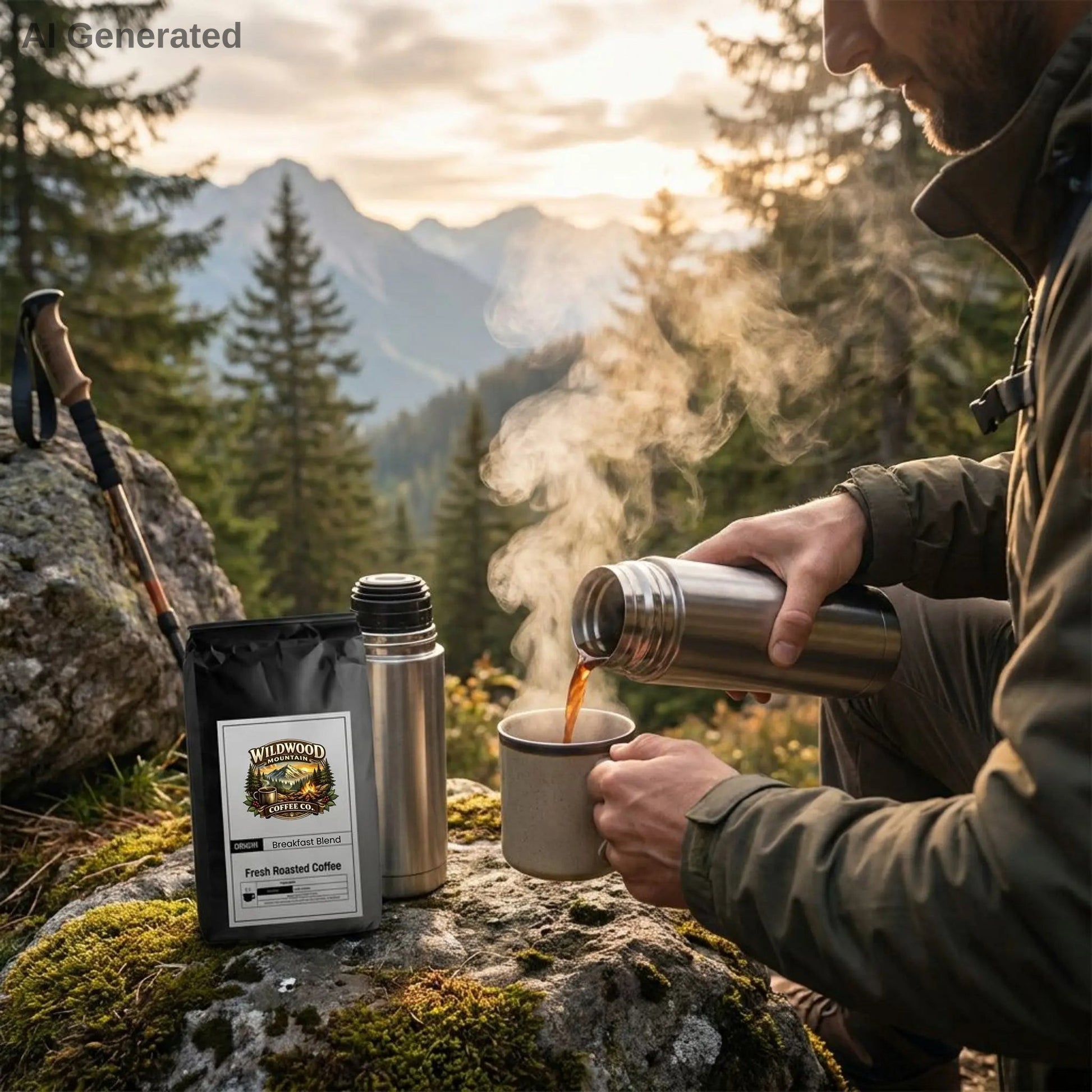 Hiker pouring coffee from a thermos into a mug with a scenic mountain backdrop