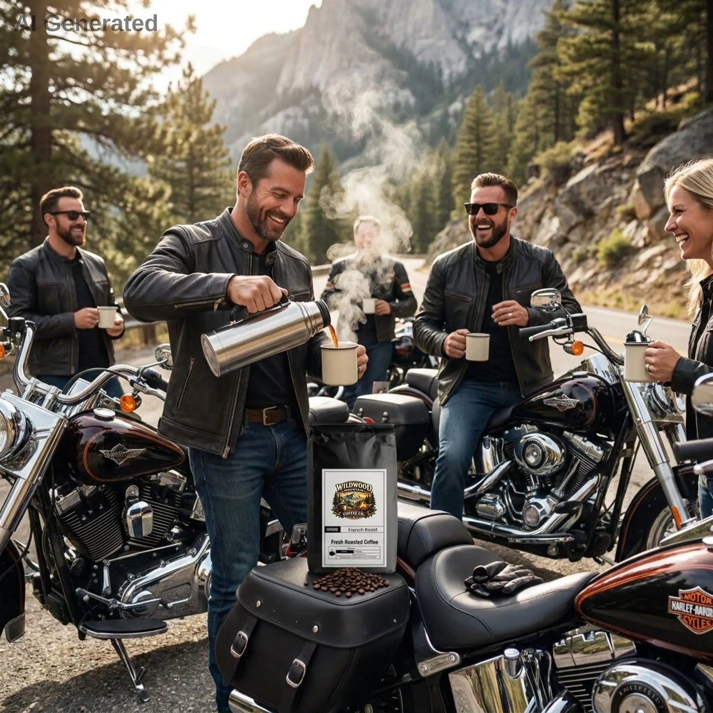 Group of motorcyclists enjoying coffee in a mountainous area with a brand logo overlay.