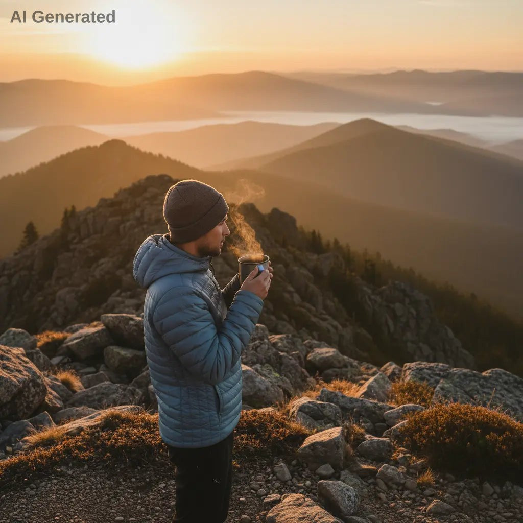 Hiker drinking from a mug with a scenic mountain view at sunset