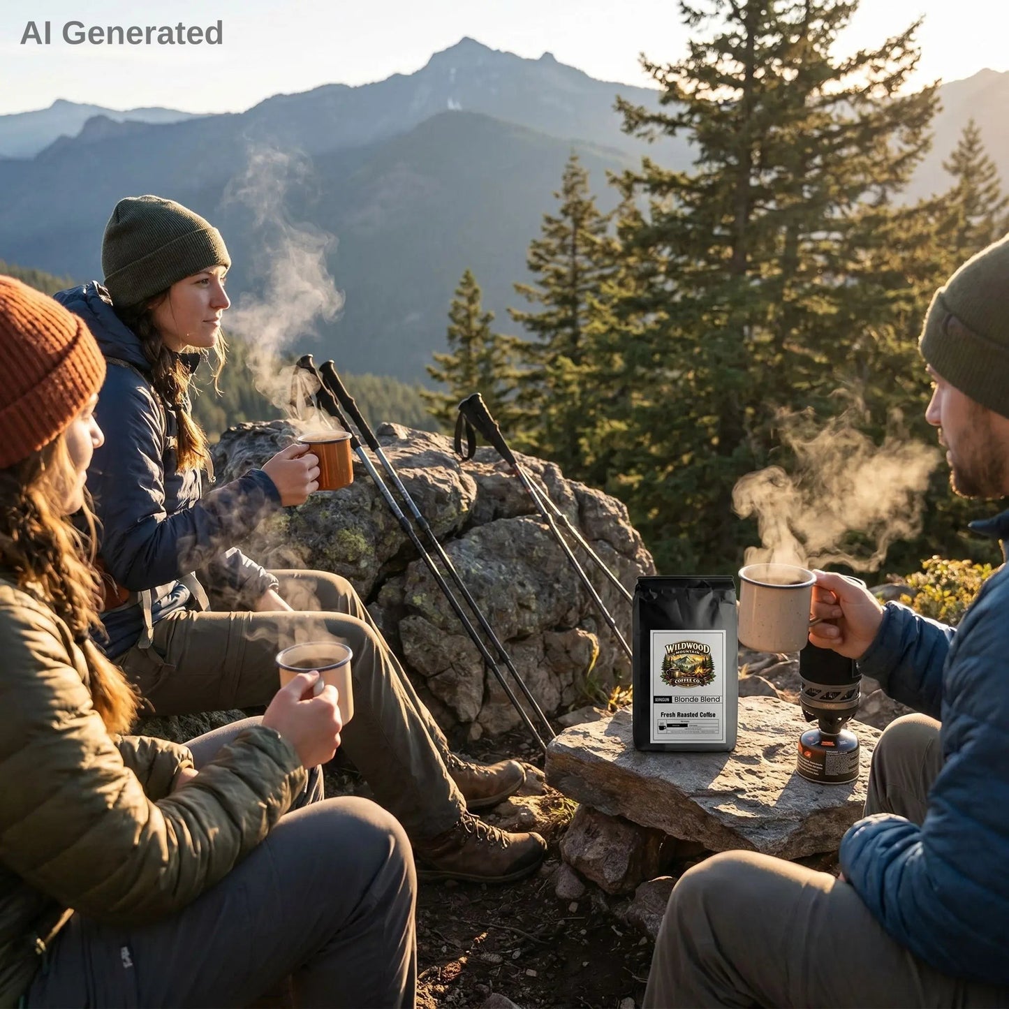 People sitting by a campfire in the mountains, enjoying hot beverages.