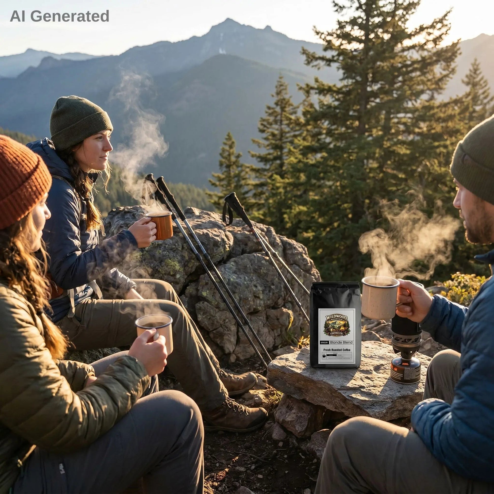 People sitting by a campfire in the mountains, enjoying hot beverages.