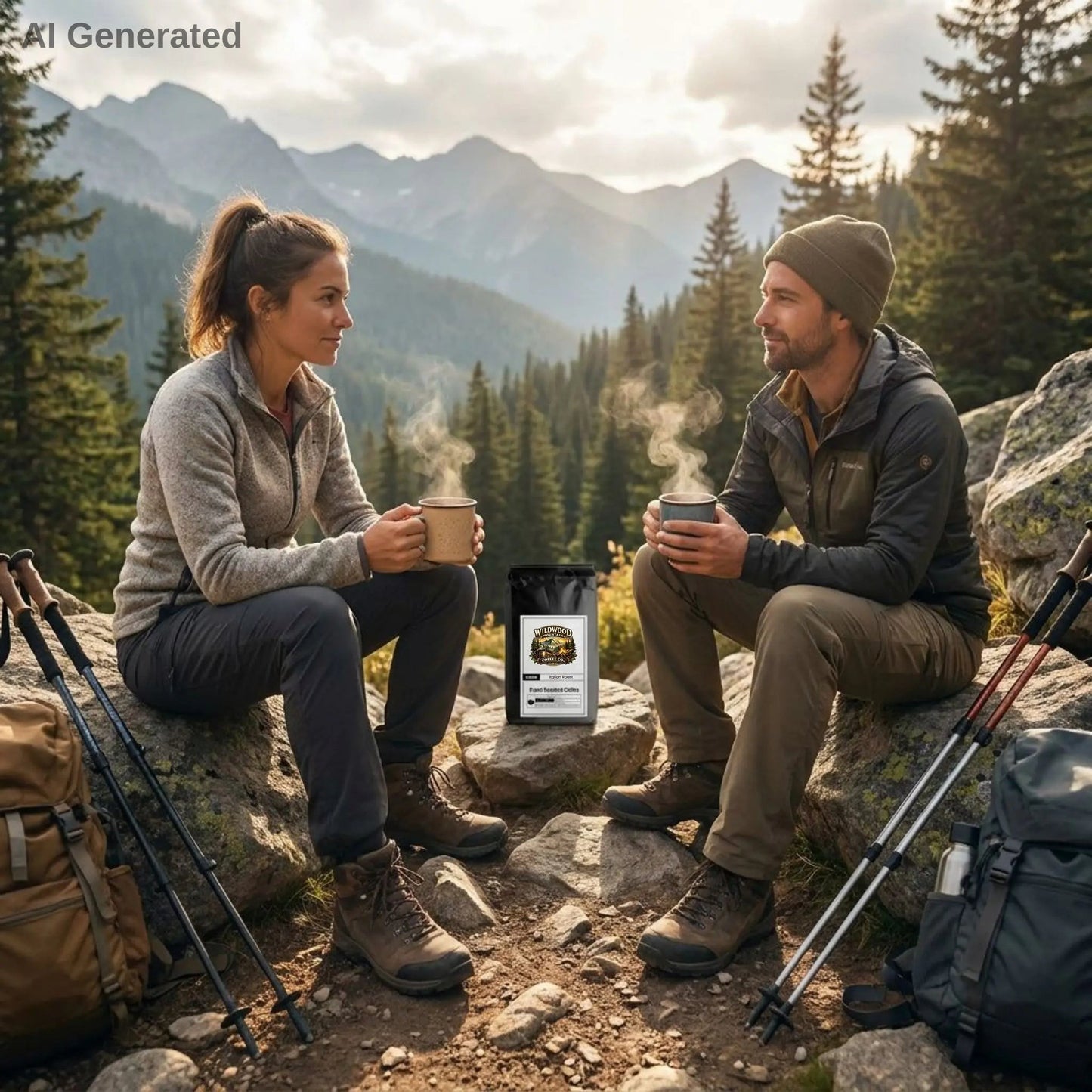 Two people sitting on a rocky mountain ledge with backpacks and coffee, enjoying the scenic view.