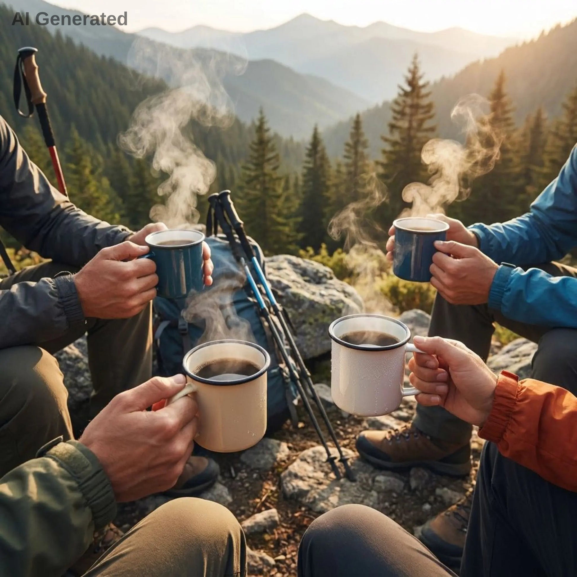 Hikers sitting outdoors with coffee mugs, surrounded by nature and mountains.