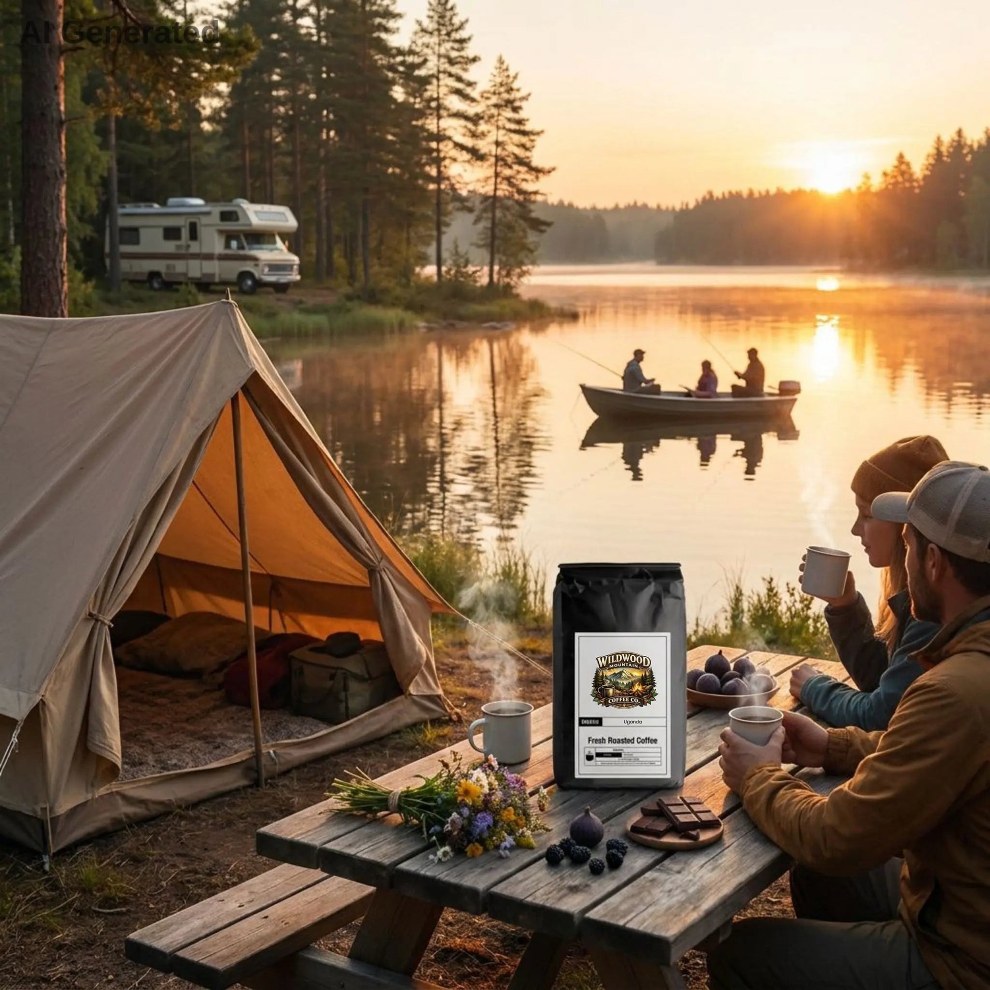 Camping scene with a tent, lake, and people enjoying coffee by a wooden picnic table.