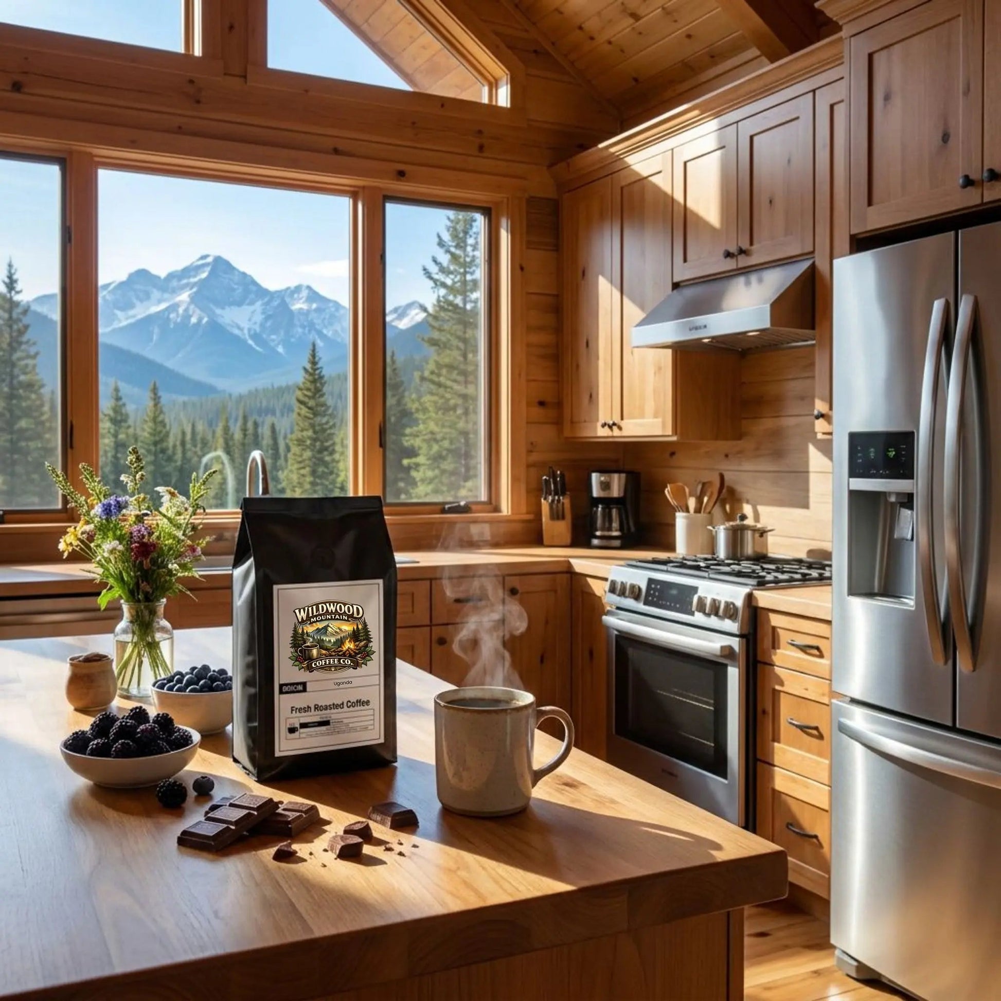 Mountain cabin kitchen with wooden cabinets, stainless steel appliances, and a view of mountains.