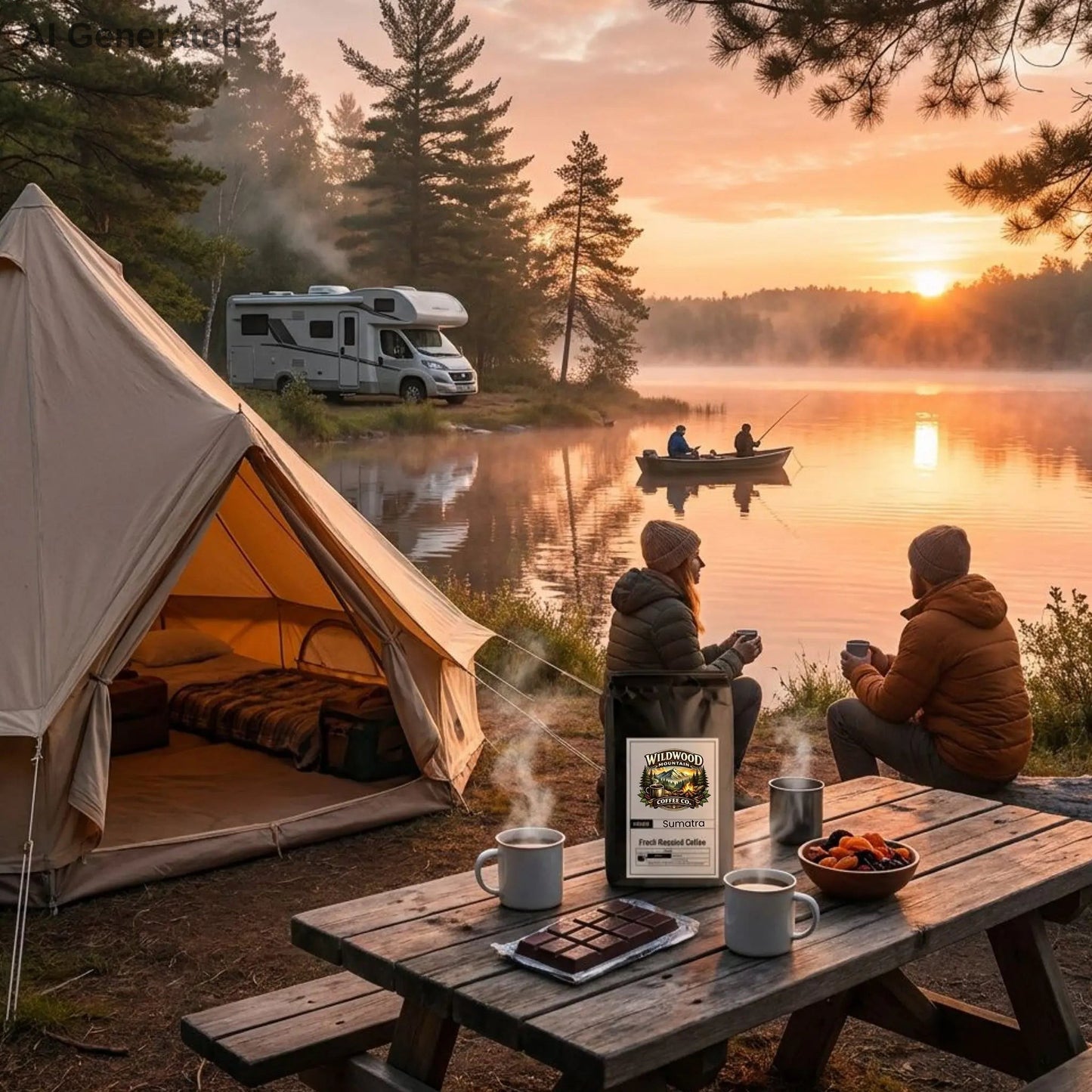 Camping scene with a tent, RV, and campers by a lake.