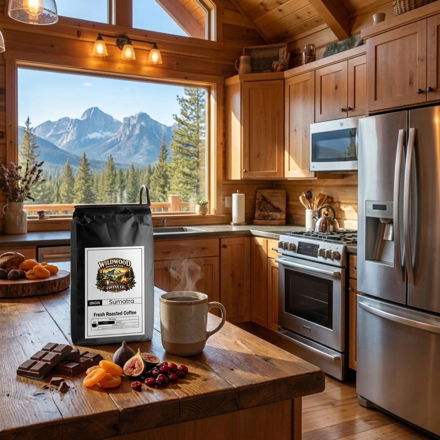 Mountain Cabin kitchen with coffee bag, mug, and snacks on a counter with mountain view