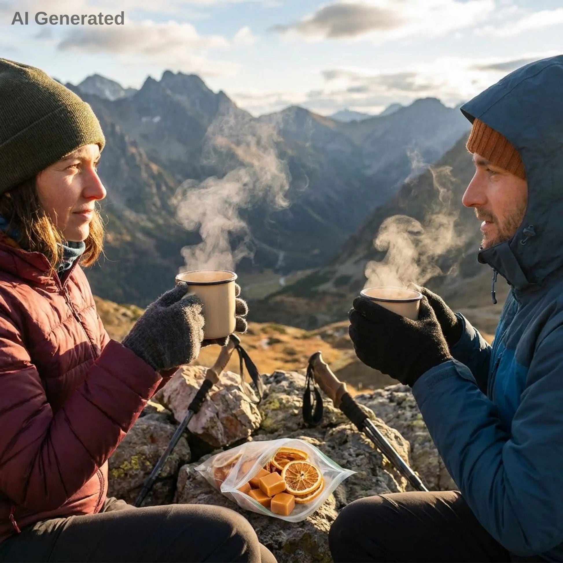 Two people enjoying hot beverages with a mountainous landscape in the background