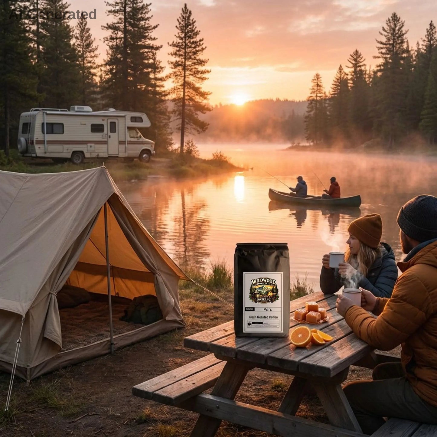 Camping scene with a tent, RV, and people by a lake at sunset, featuring a bag of coffee.