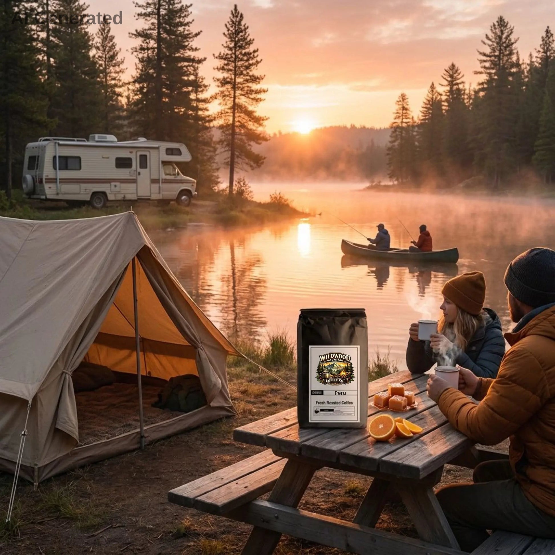 Camping scene with a tent, RV, and people by a lake at sunset, featuring a bag of coffee.