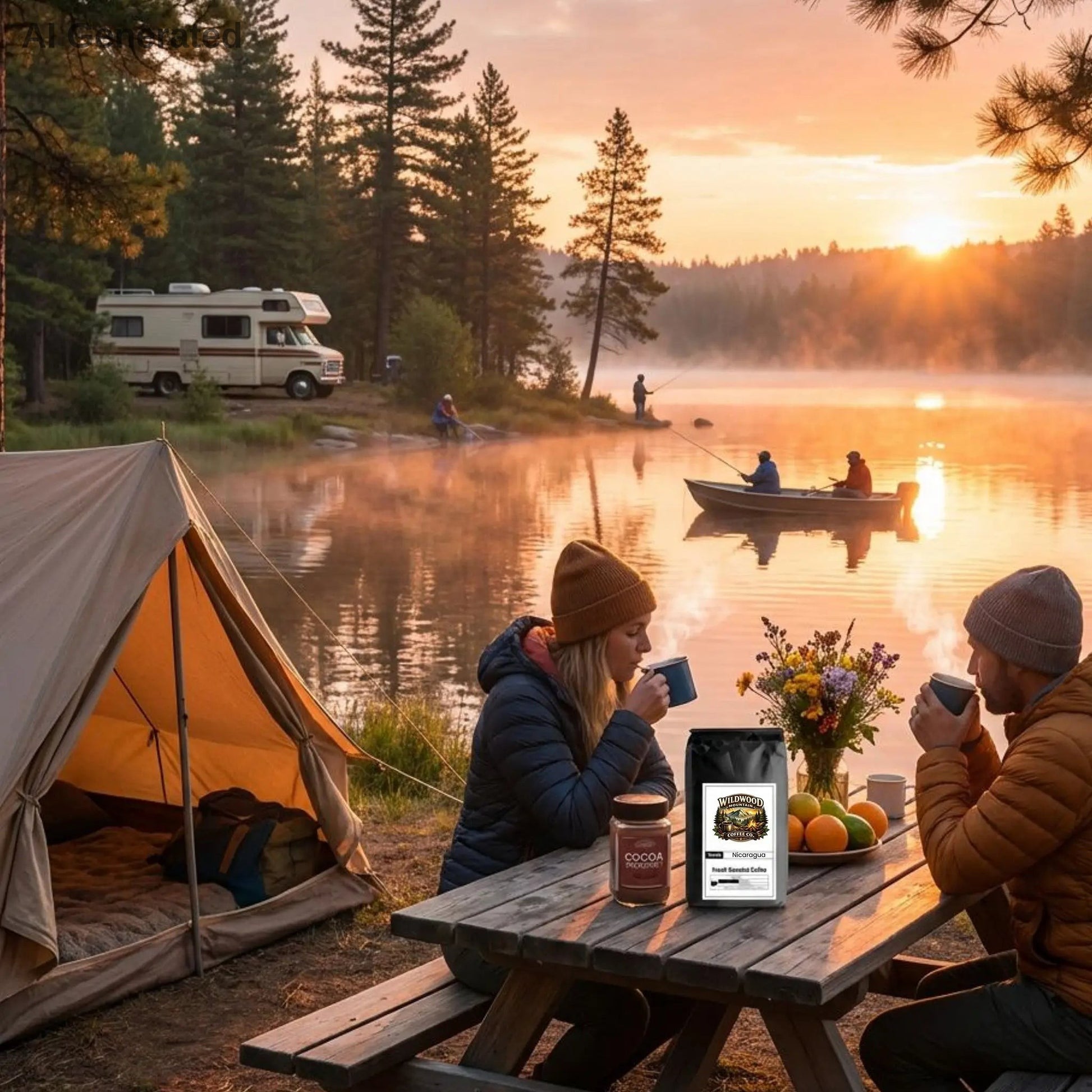 Campers enjoying a camping trip by a lake at sunset, with a tent and picnic table setup drinking Nicaragua Single Origin coffee.