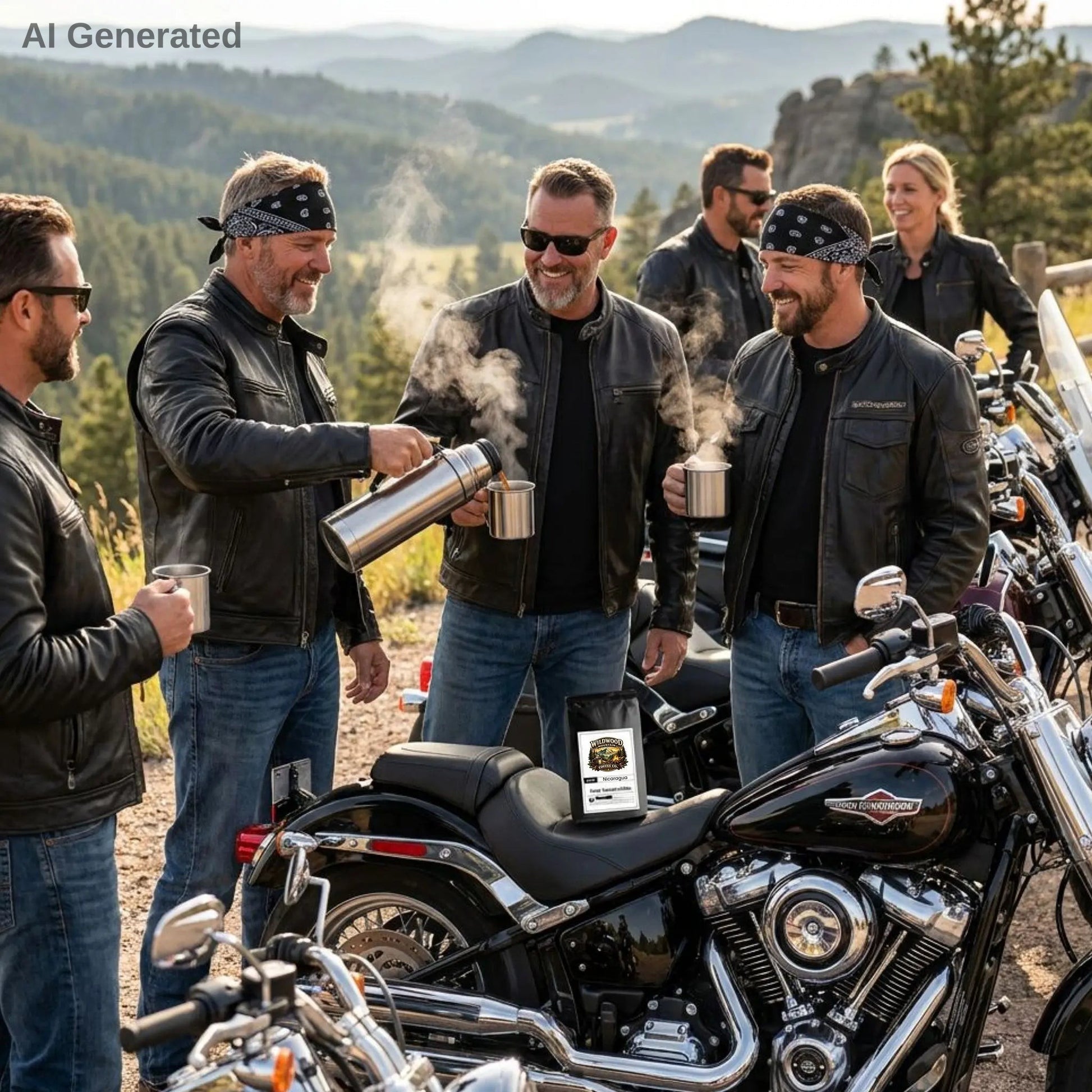 Group of people with motorcycles in a scenic outdoor setting, enjoying coffee.
