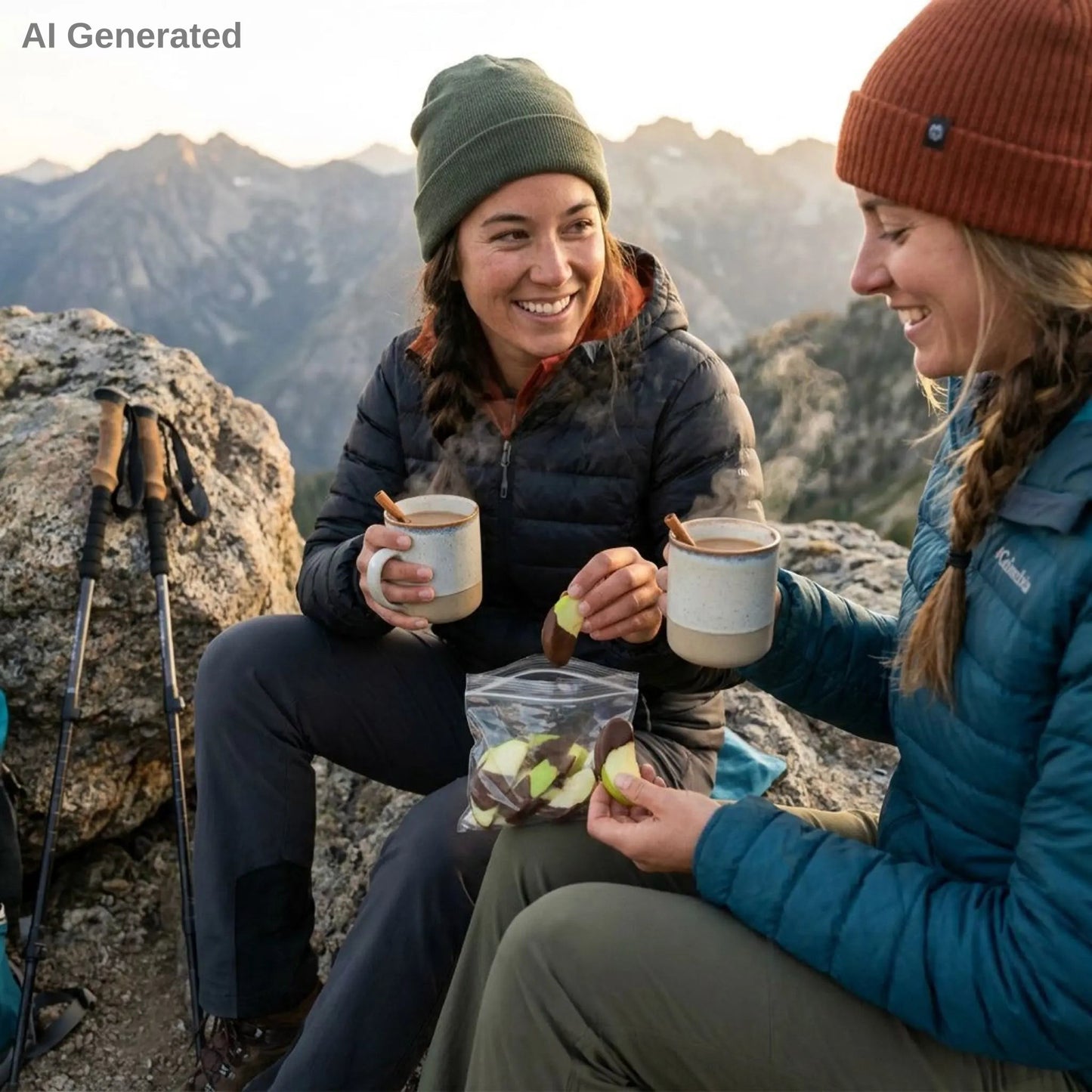 Hikers sitting on a mountain top, enjoying hot beverages and snacks.
