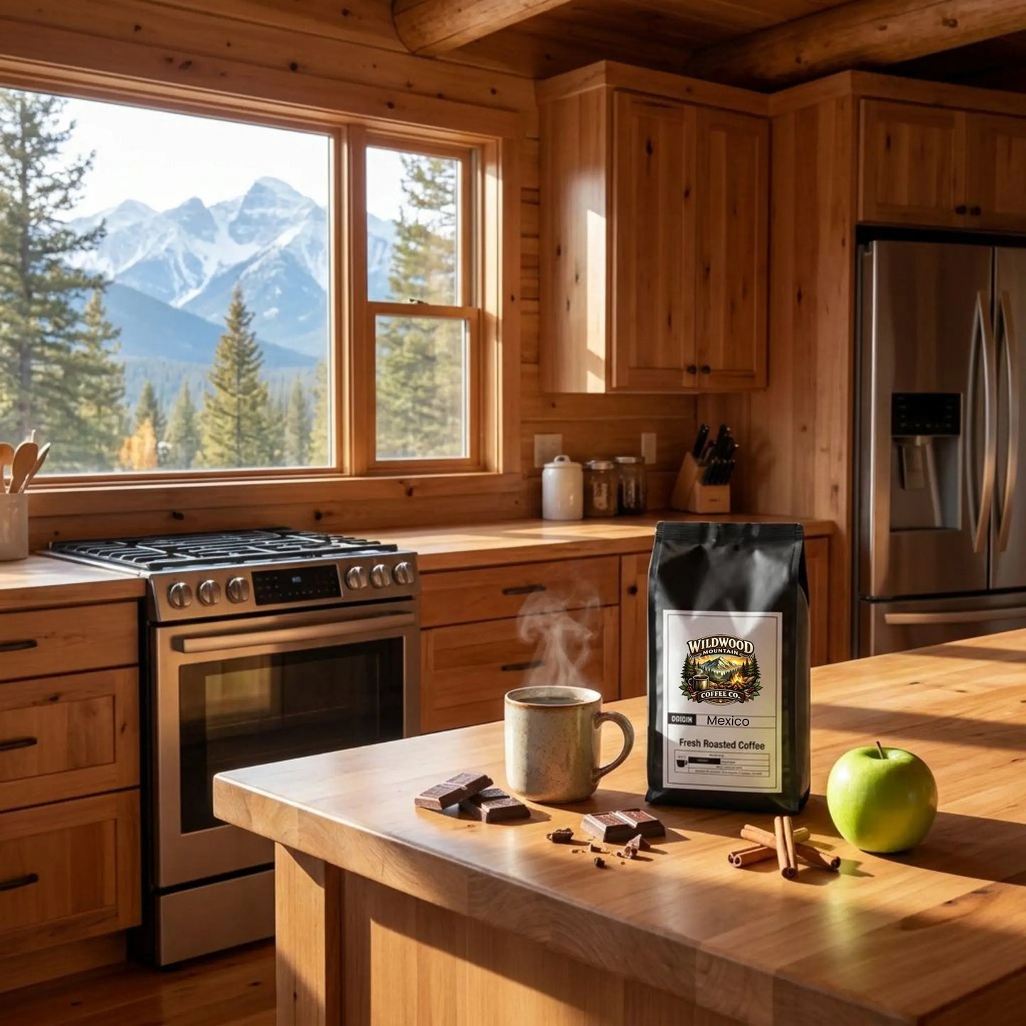 Mountain Cabin kitchen with coffee bag, cup of hot coffee, chocolate, cinnamon, and apples on a counter with mountain view