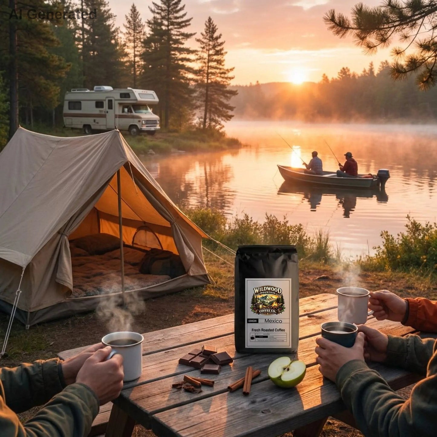 Camping scene with a tent, coffee, and sunset over a lake.  Campers drinking hot coffee.
